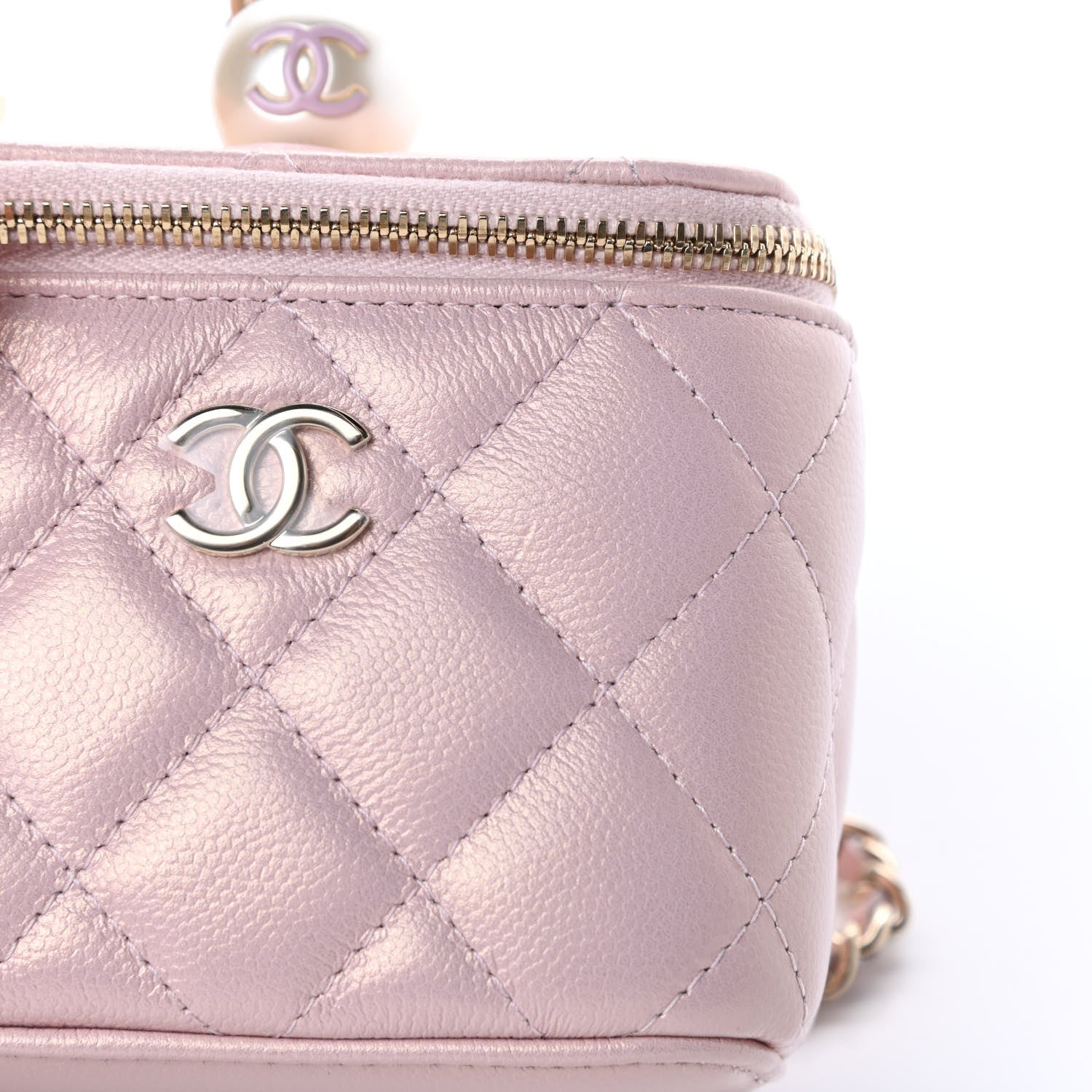 Chanel Iridescent Caviar Quilted Mini Pearl On Top Vanity Case With Chain Light Pink 11 of 12
