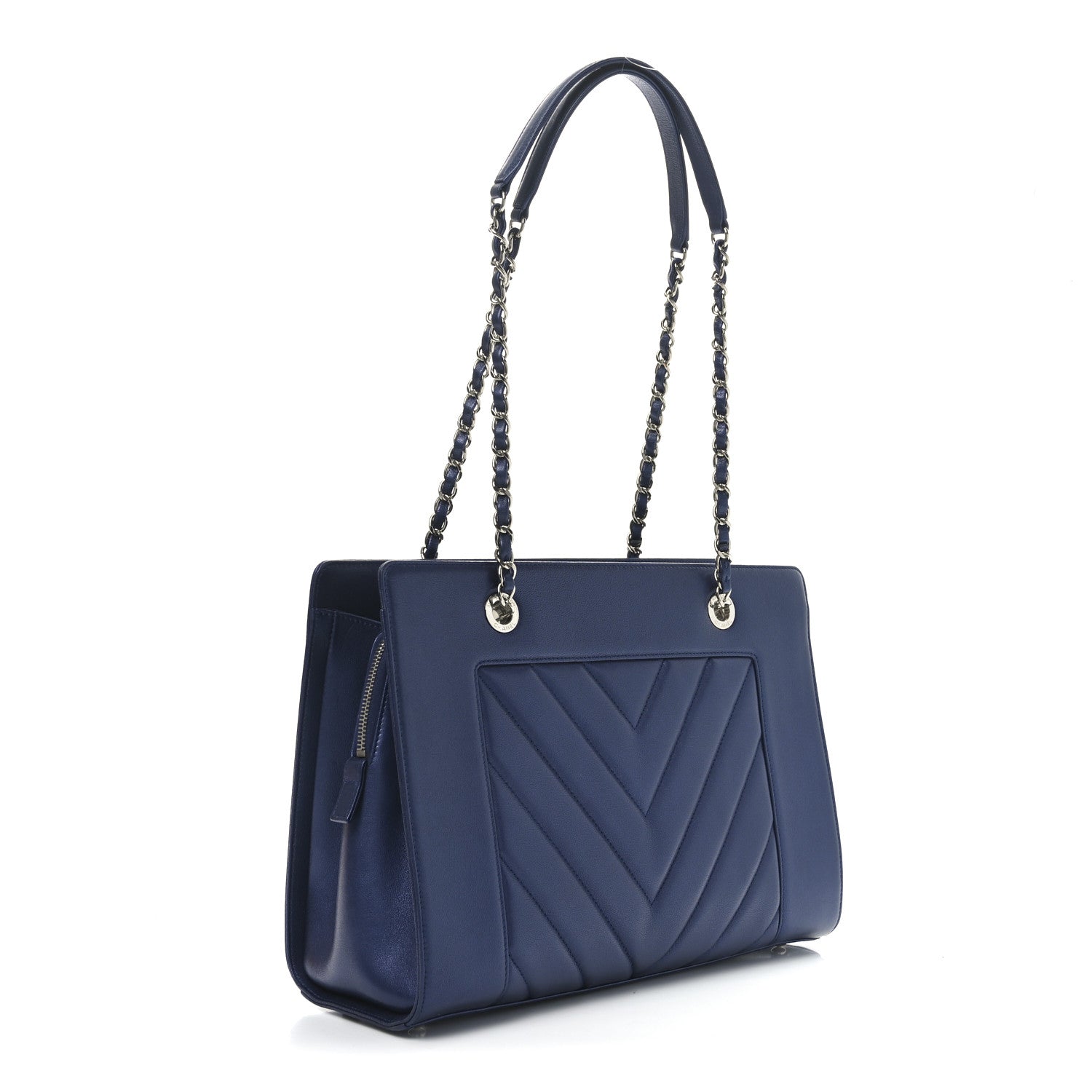 Chanel Sheepskin Chevron Quilted Mademoiselle Vintage Shopping Tote Navy 3 of 10