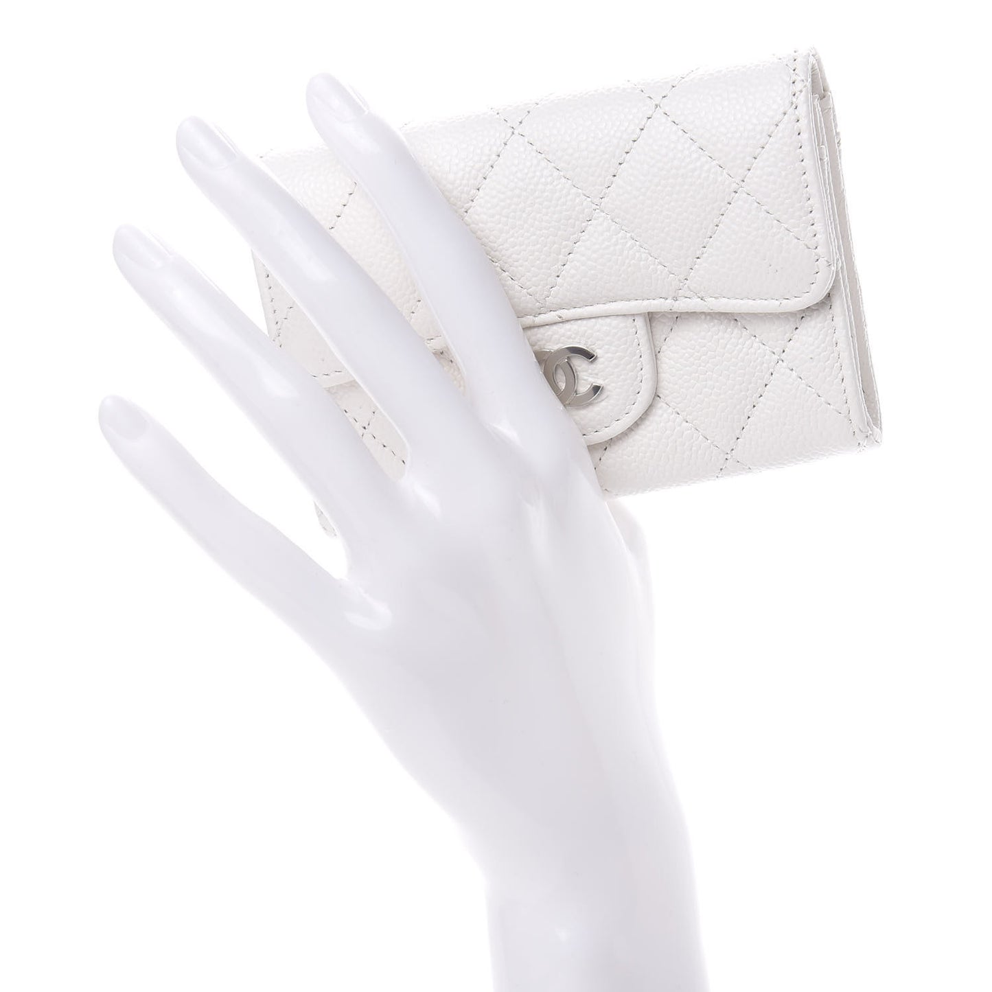 Caviar Quilted Flap Card Holder Wallet White