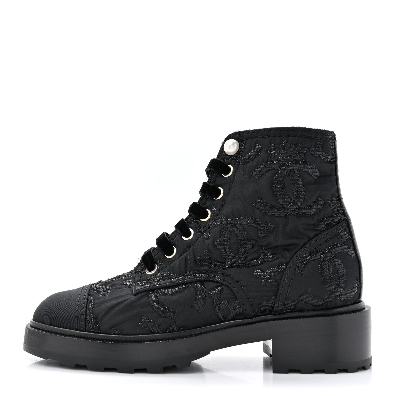 Chanel Grosgrain Tweed Pearl CC Combat Short Boots 37 Black 1 of 11