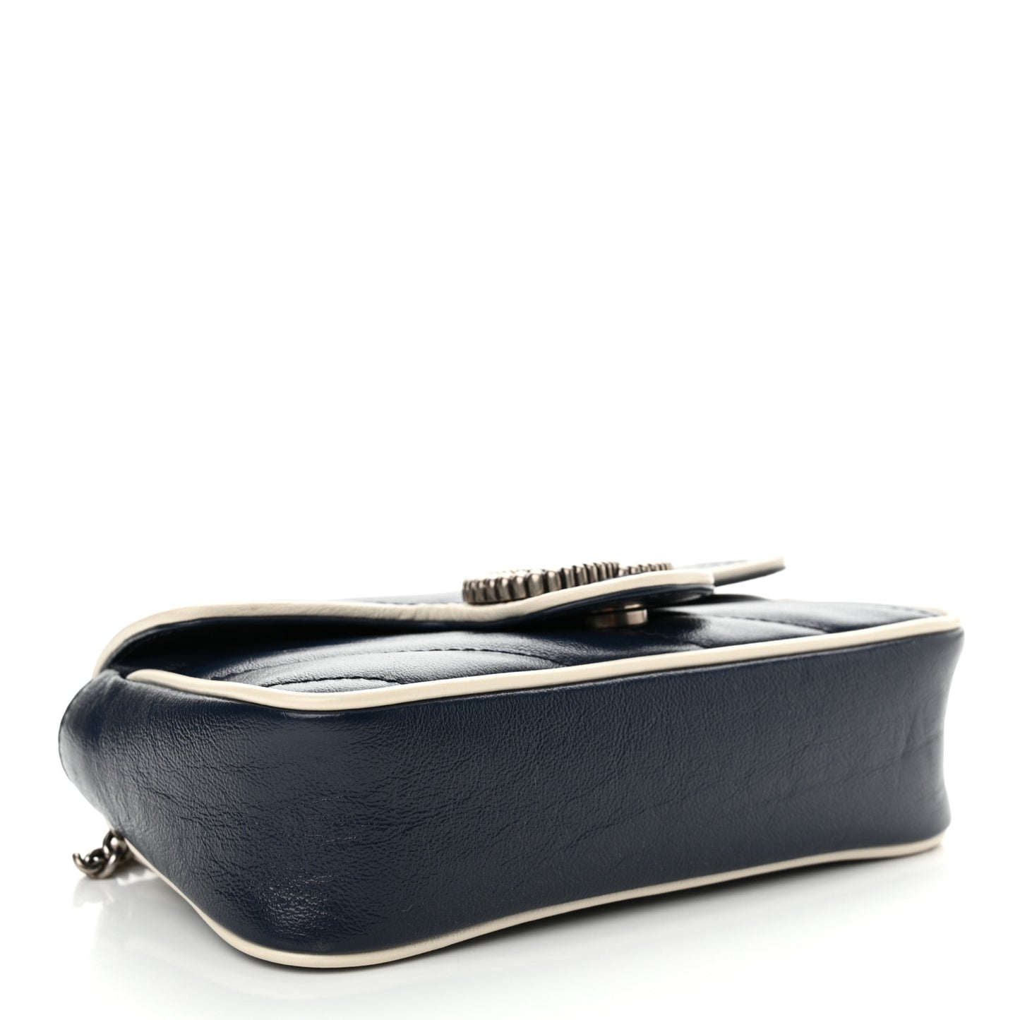 Vintage Effect Calfskin Matelasse Diagonal Super Mini Torchon GG Marmont Shoulder Bag Blue Agata Mystic White