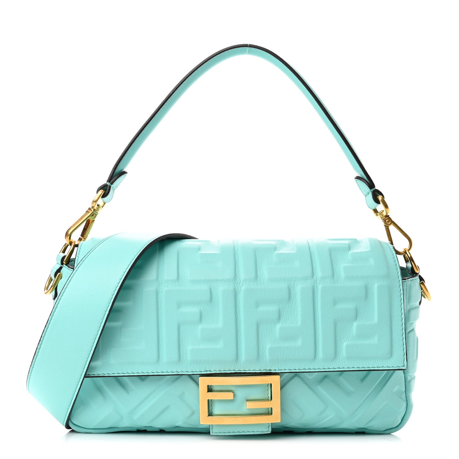 image of FENDI Nappa FF 1974 Embossed Baguette in the color Spring Turquoise by FASHIONPHILE