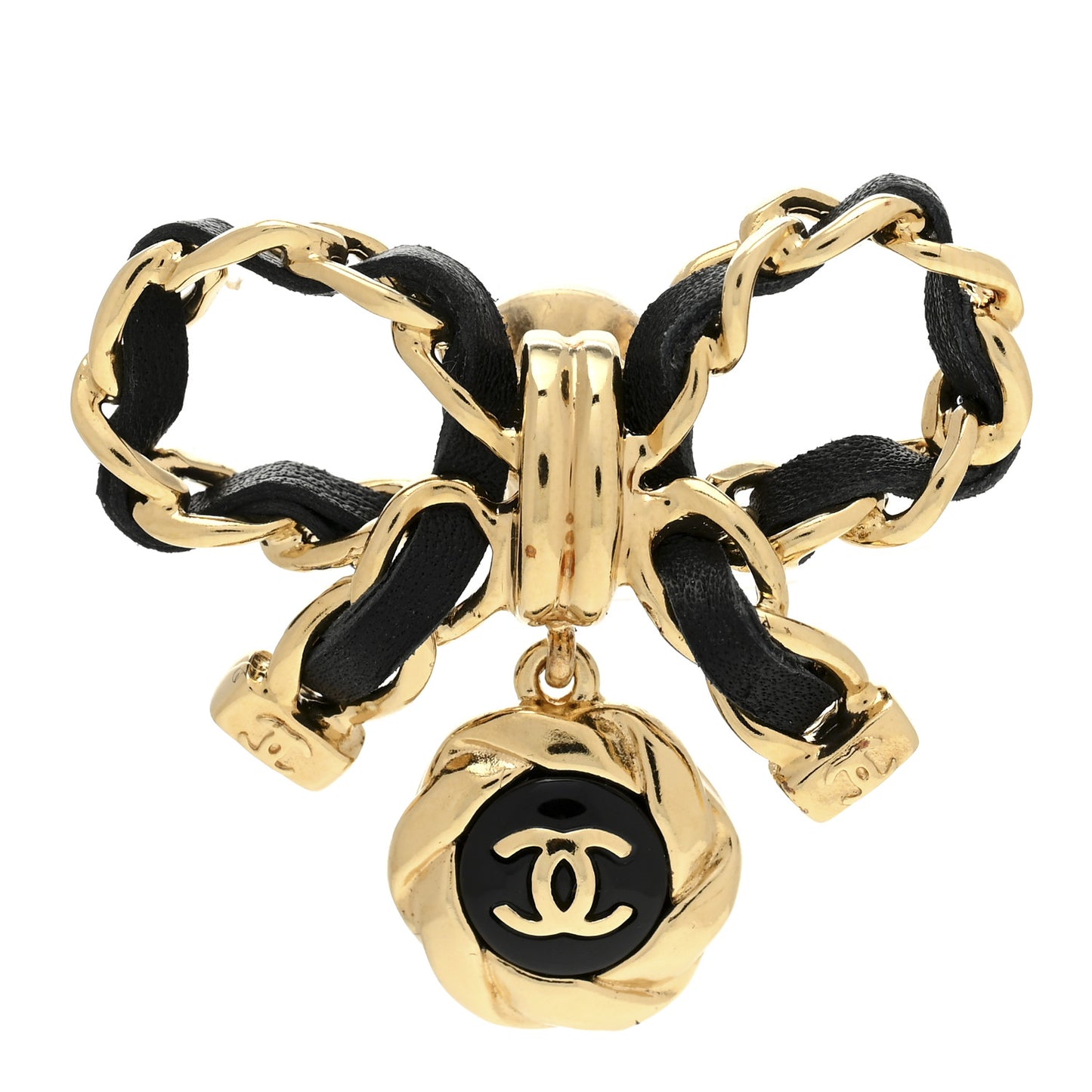 Lambskin Chain CC Bow Brooch Gold Black