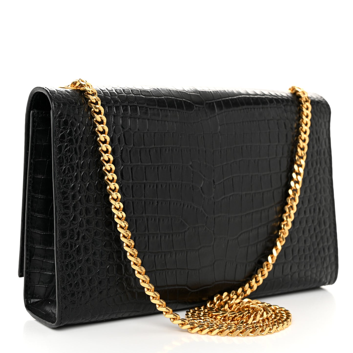 Calfskin Crocodile Embossed Medium Classic Monogram Kate Tassel Satchel Black