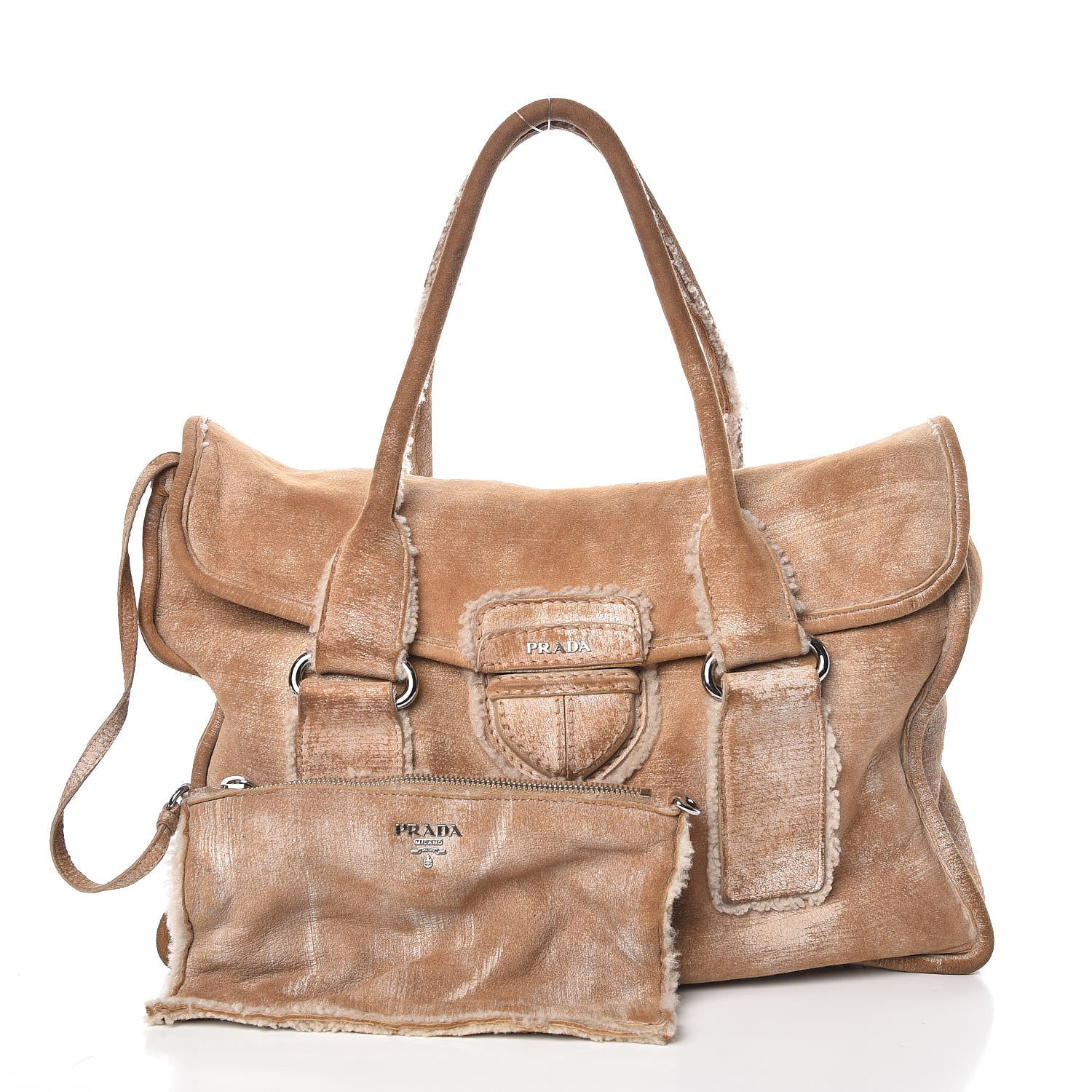 Prada Shearling Flap Shoulder Bag Beige 3 of 12