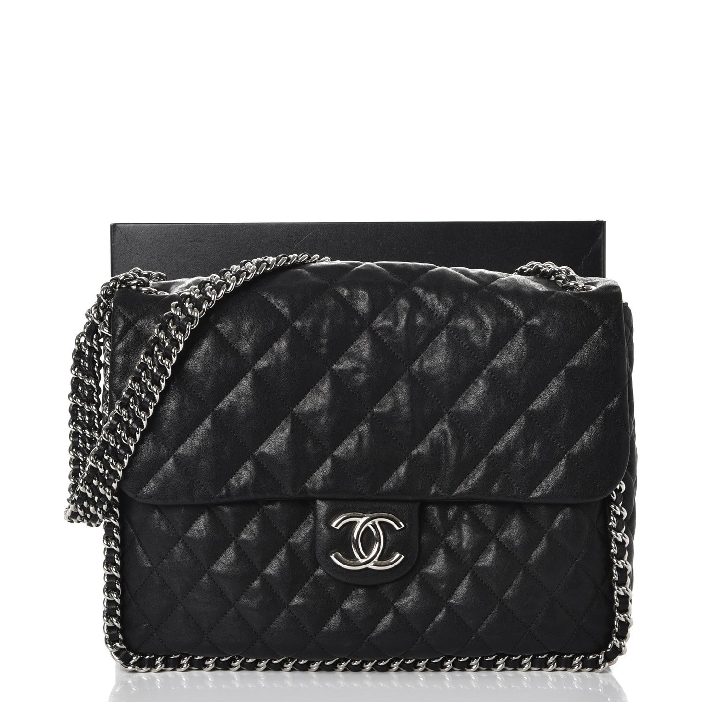 Washed Lambskin Quilted Maxi Chain Around Flap Black