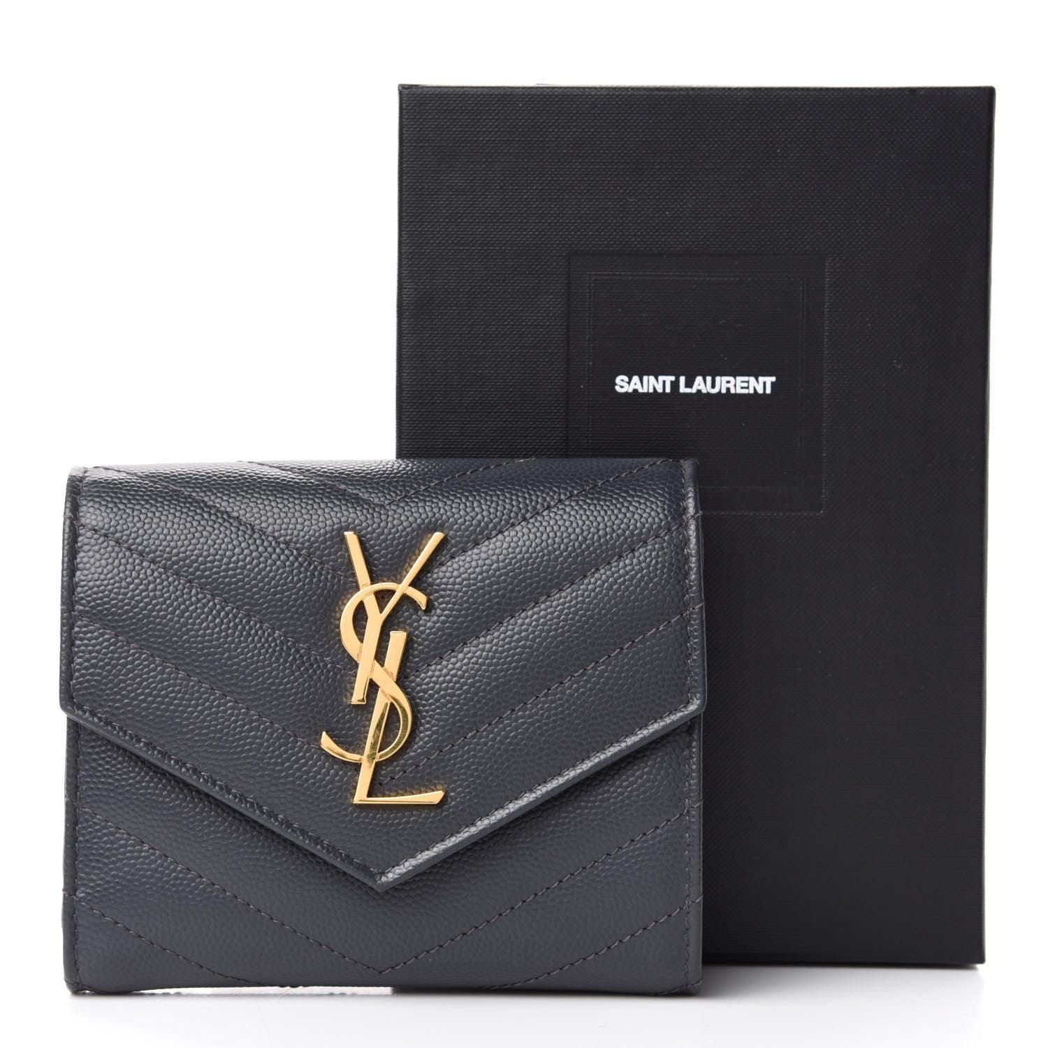 Saint Laurent Grain De Poudre Matelasse Chevron Monogram Compact Tri Fold Wallet Smog 7 of 7