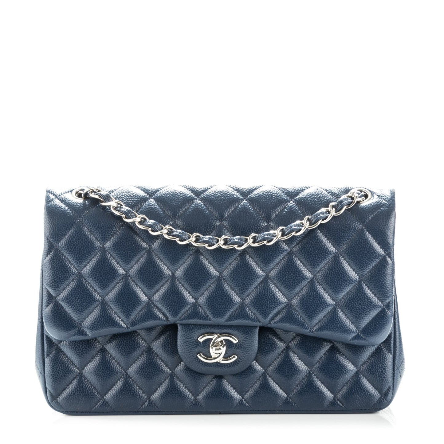 Caviar Quilted Jumbo Double Flap Navy Blue