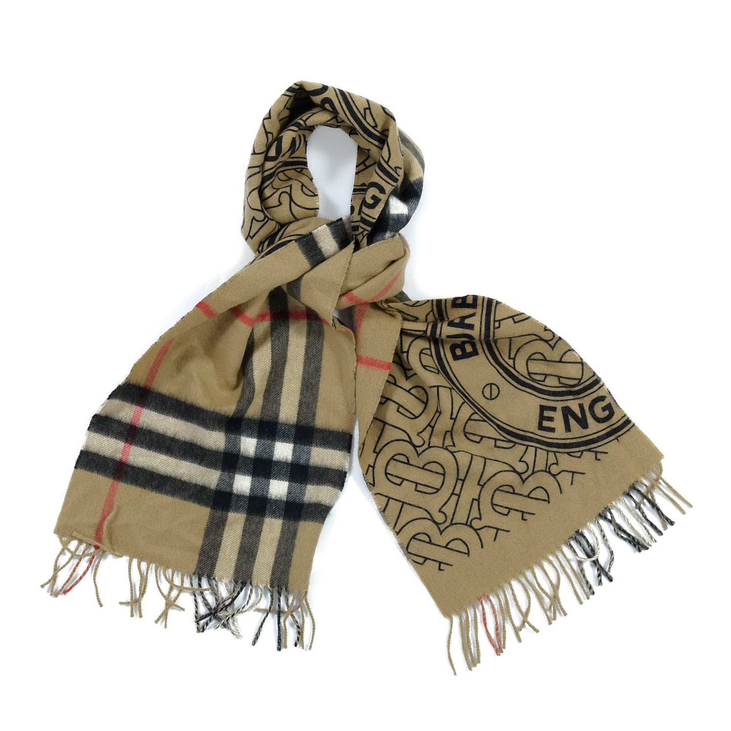 Cashmere Giant Check Monogram Reversible Fringe Scarf Archive Beige