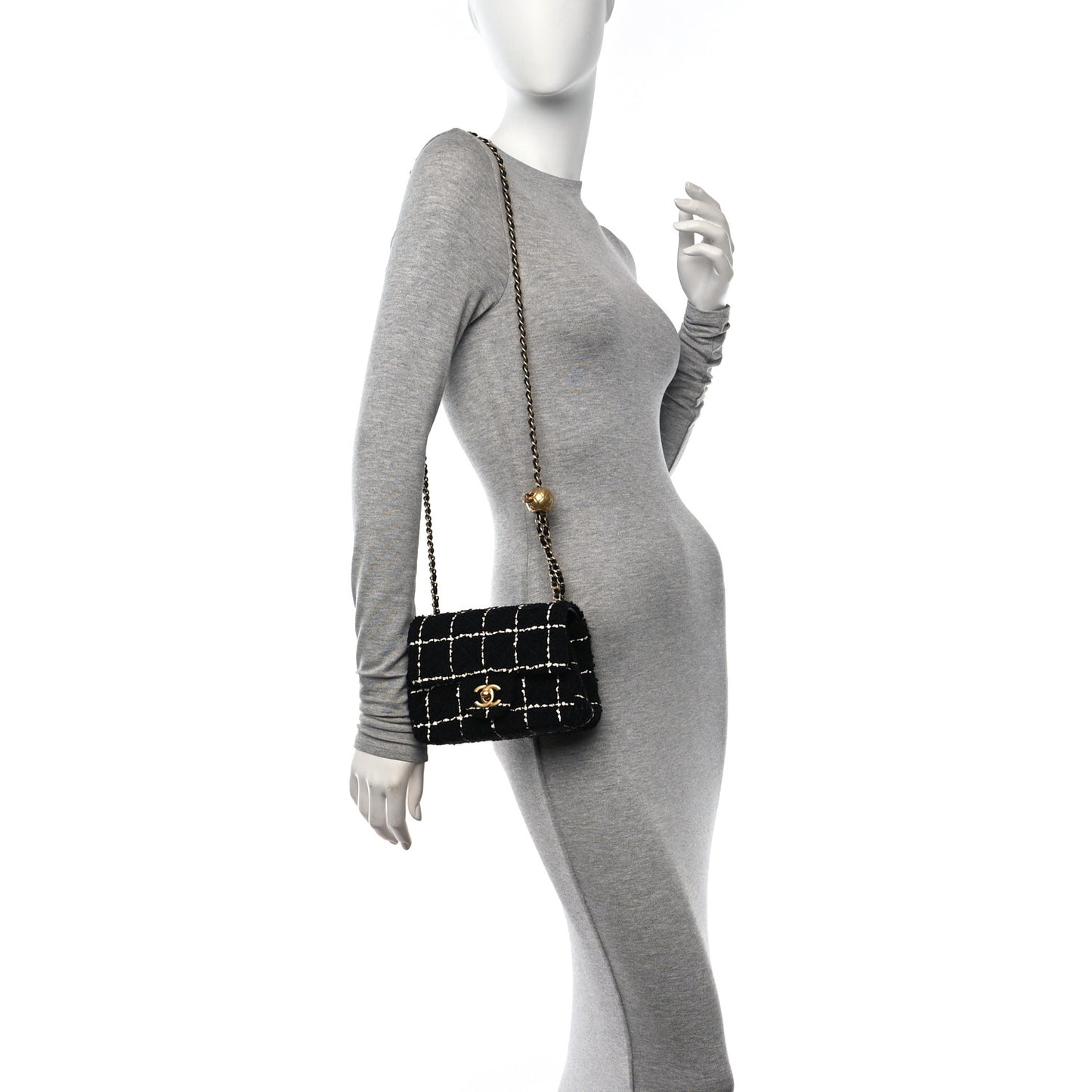 Tweed Quilted Mini Pearl Crush Flap Black White