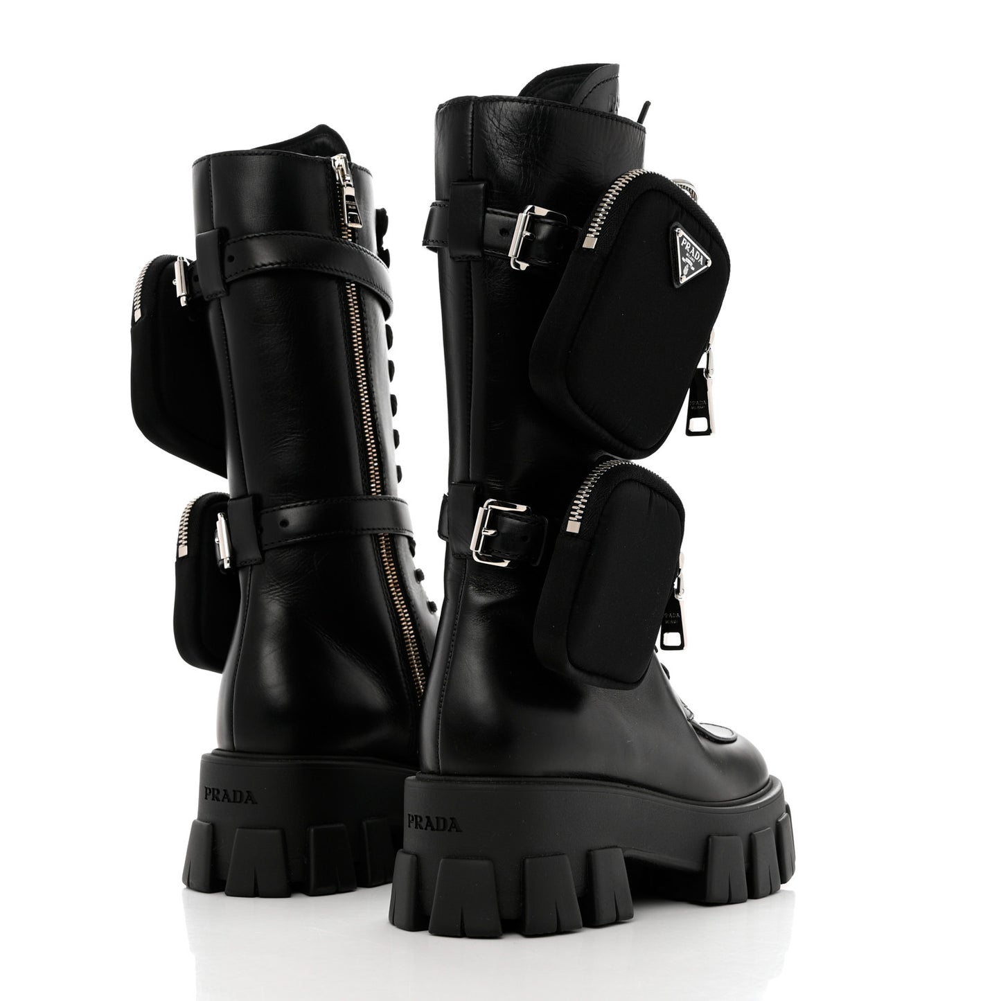Vitello Lux Nylon Metal Triangle Logo Monolith Pouch Pocket 55mm Tall Combat Boots 35 Black