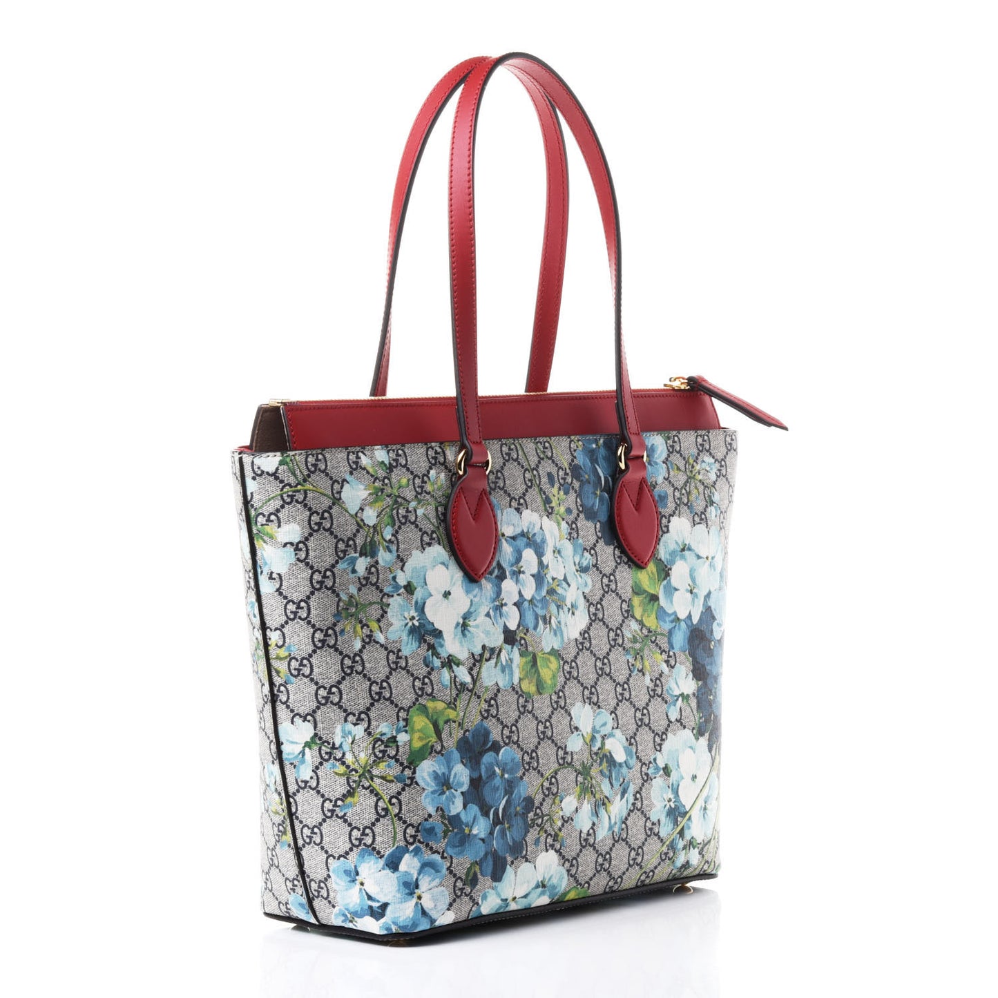 GG Supreme Monogram Blooms Medium Zippered Bucket Tote Beige Blue Navy Hibiscus Red