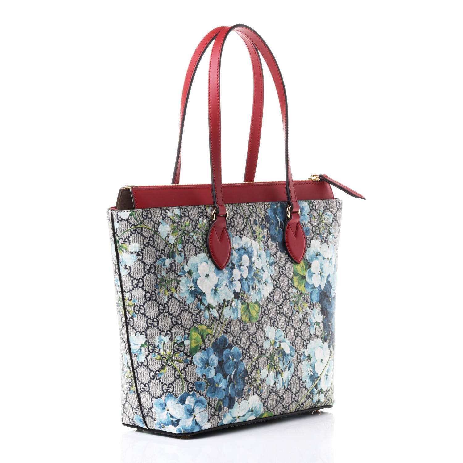 Gucci GG Supreme Monogram Blooms Medium Zippered Bucket Tote Beige Blue Navy Hibiscus Red 2 of 4