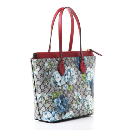 Gucci GG Supreme Monogram Blooms Medium Zippered Bucket Tote Beige Blue Navy Hibiscus Red 2 of 4