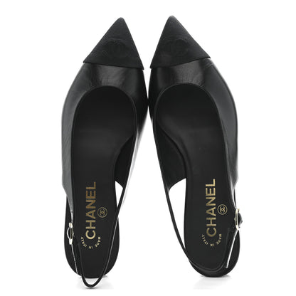 Chanel Goatskin Grosgrain Pointed Toe CC Slingback Flats 37 Black 2 of 11