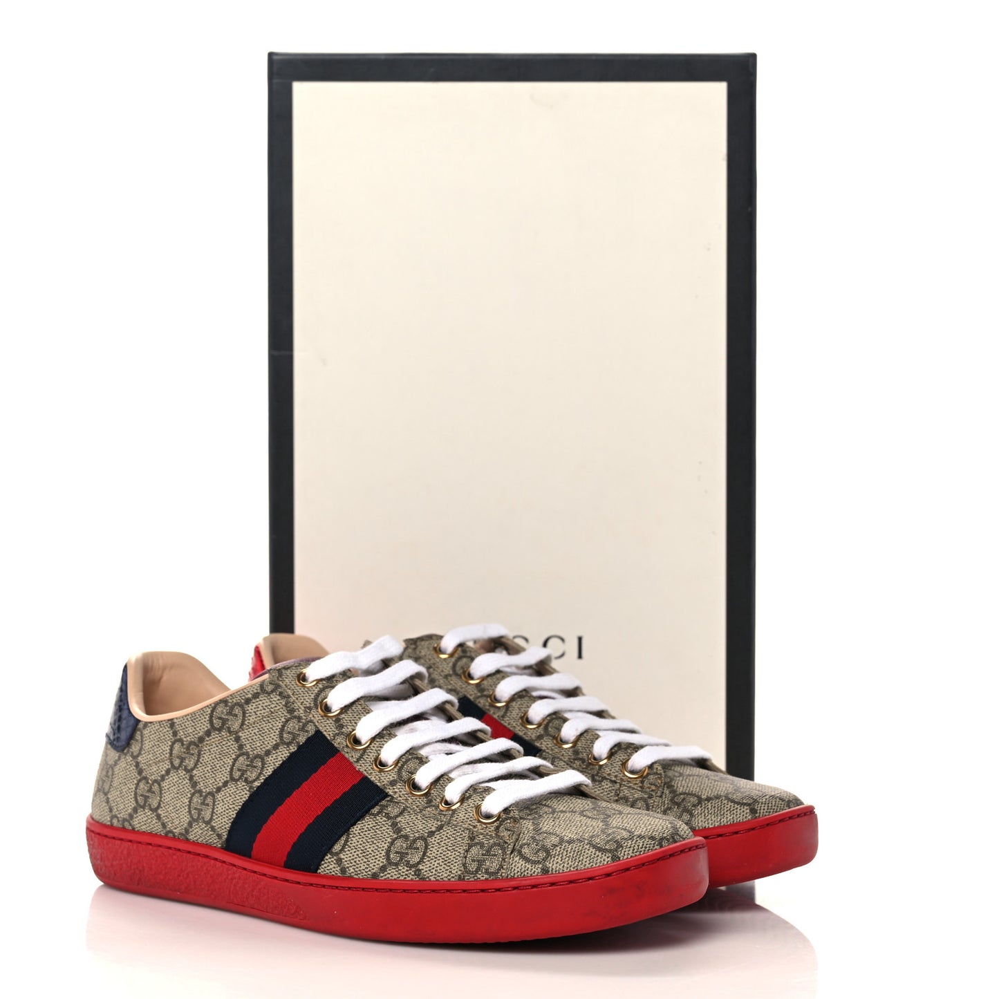 GG Supreme Monogram Ayers Mens New Ace Low-Top Sneaker 36 Beige Red