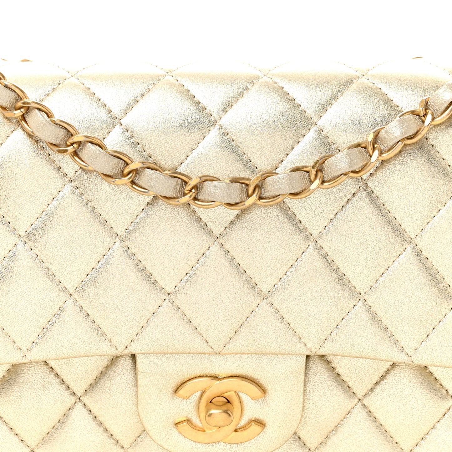 Metallic Lambskin Quilted Medium Double Flap Gold