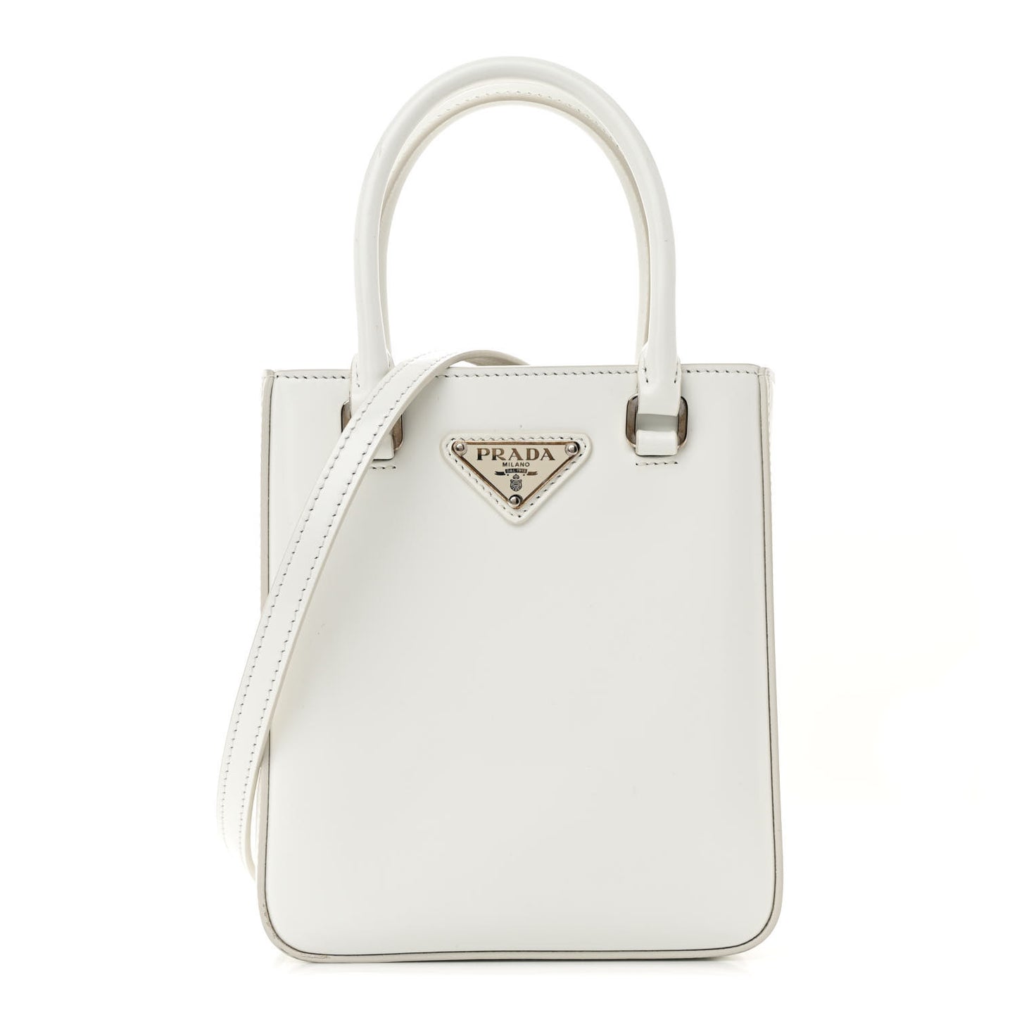Spazzolato Metal Triangle Logo Small Double Handle Crossbody Tote White