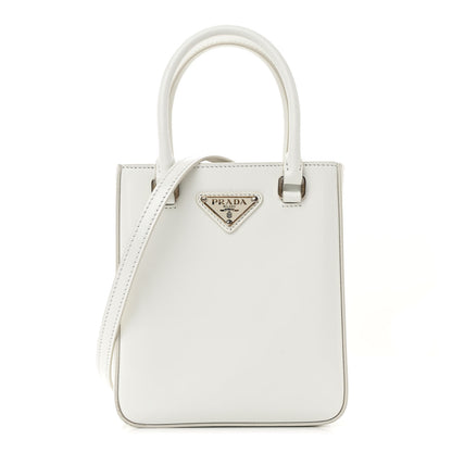 Prada Spazzolato Metal Triangle Logo Small Double Handle Crossbody Tote White 1 of 10