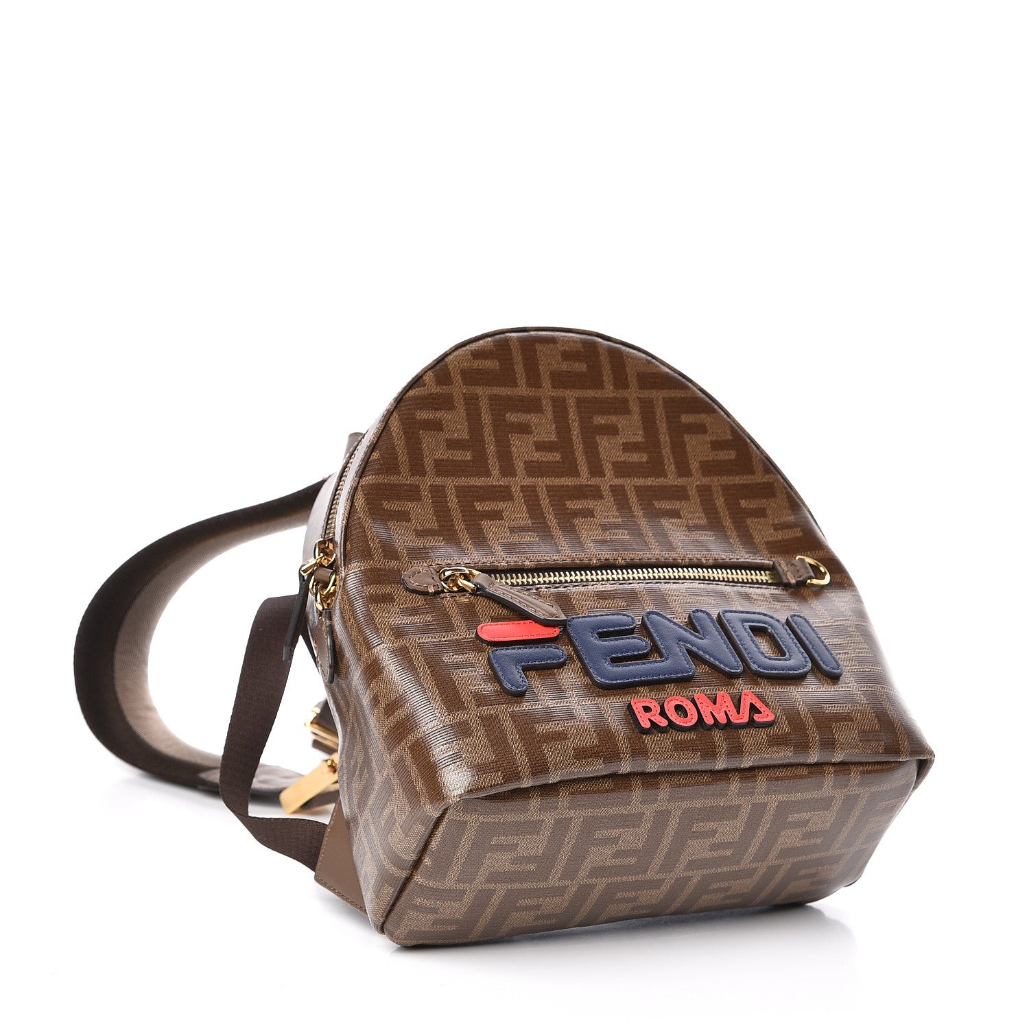 Fendi X FILA Glazed Fabric Vitello Century FF 1974 Mania Mini Backpack Mogano Panna Blueberry 4 of 11