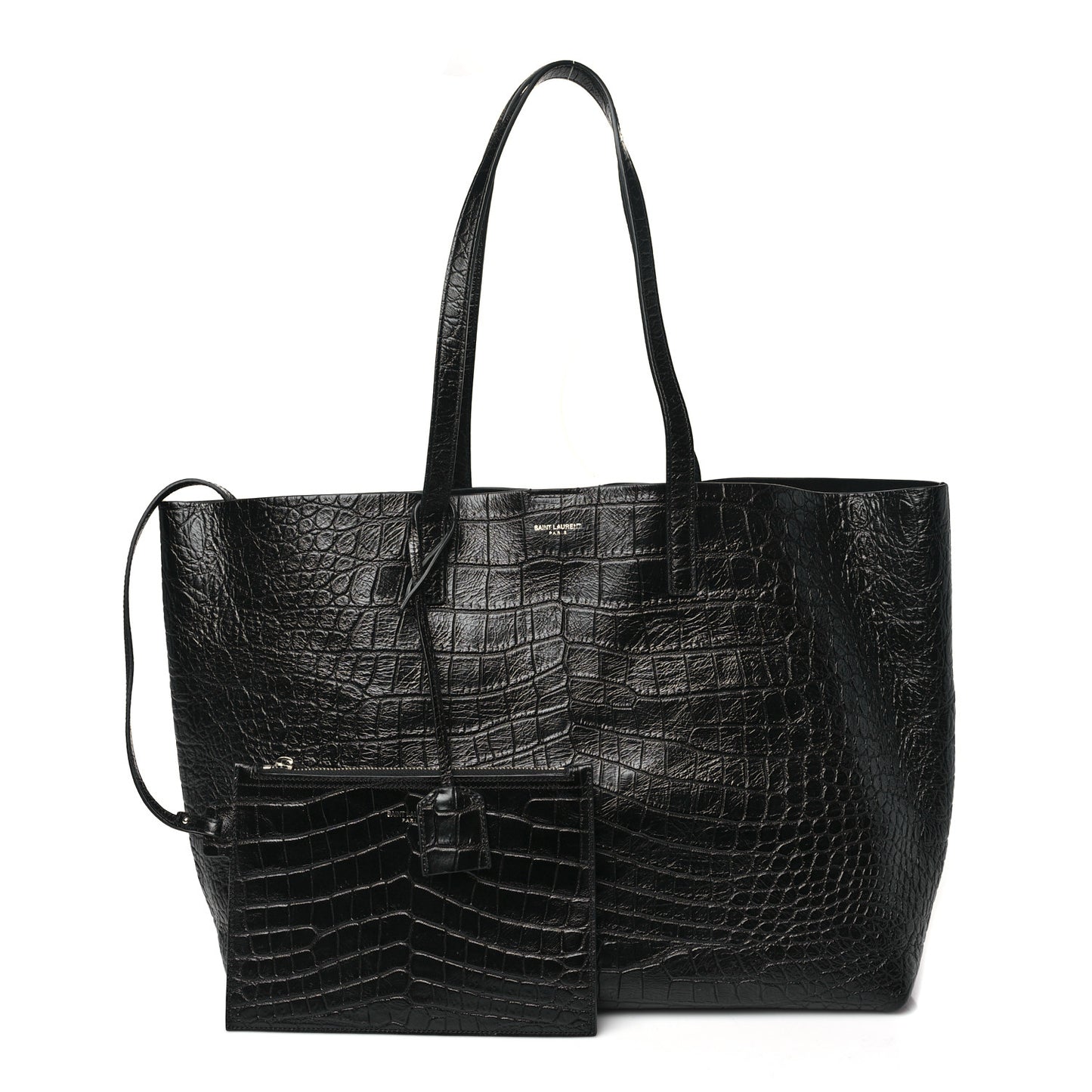 Calfskin Crocodile Embossed Large Shopper Tote Black