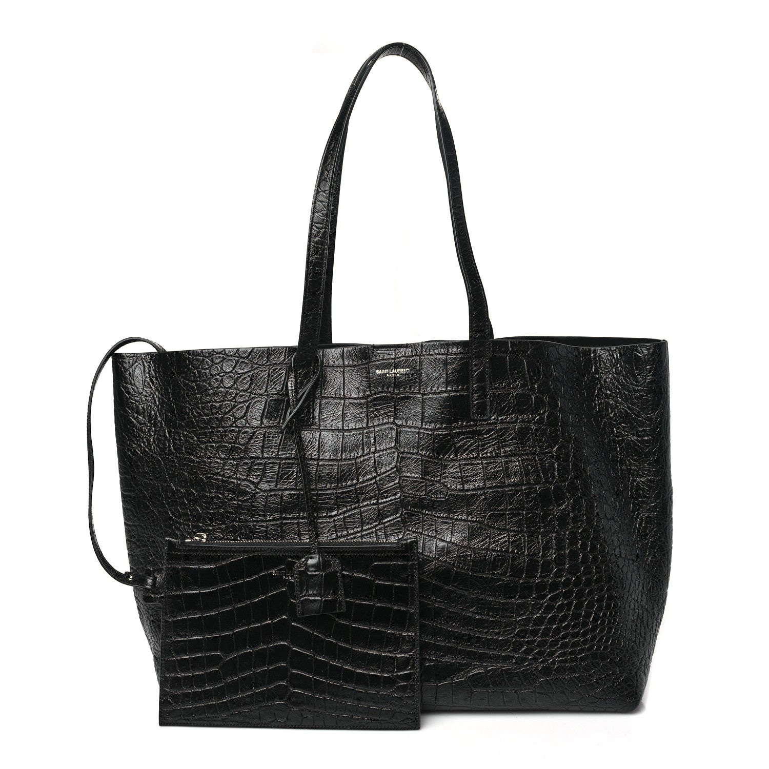 Saint Laurent Calfskin Crocodile Embossed Large Shopper Tote Black 3 of 11