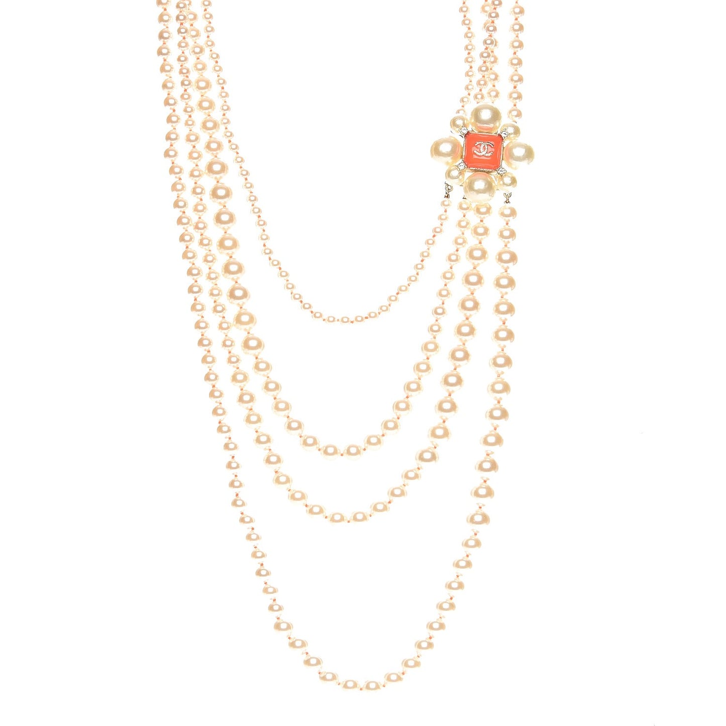 Pearl Multi Strand Long CC Necklace Gold