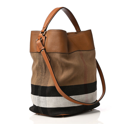 Burberry Grainy Calfskin Canvas Mega Check Medium Ashby Tassel Hobo Saddle Brown 3 of 13
