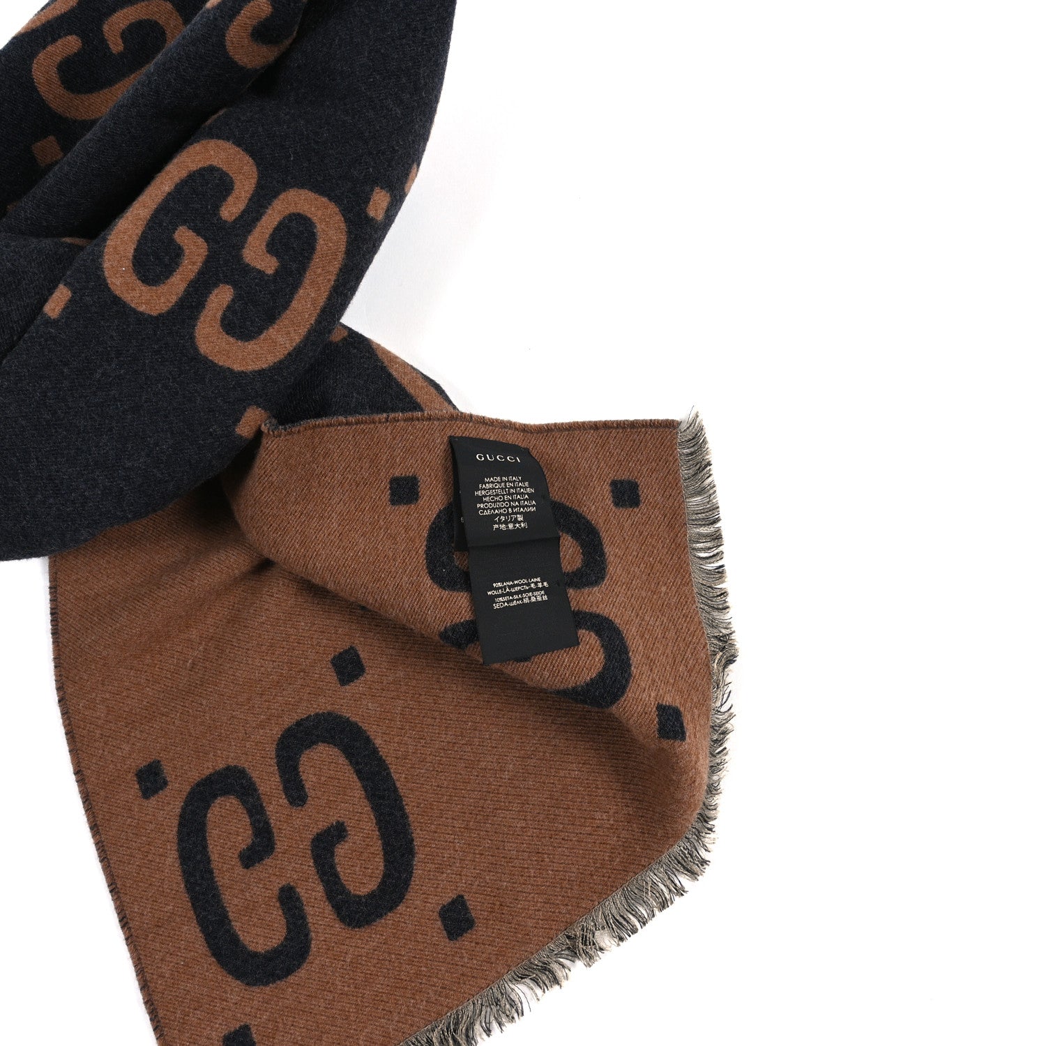 Gucci Wool Silk Monogram Jumbo GG Freedom Scarf Dark Brown Beige 3 of 3