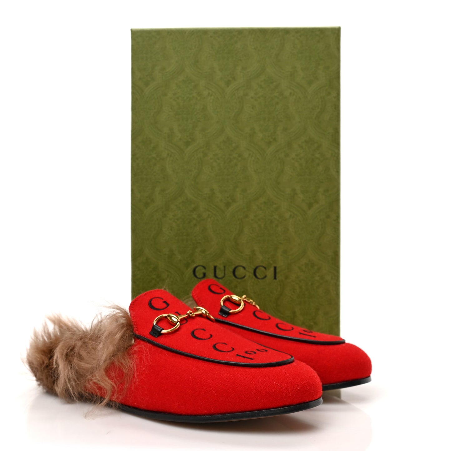 Aston Felt Fur Gucci 100 Womens Princetown Slippers 36 Hibiscus Red Black