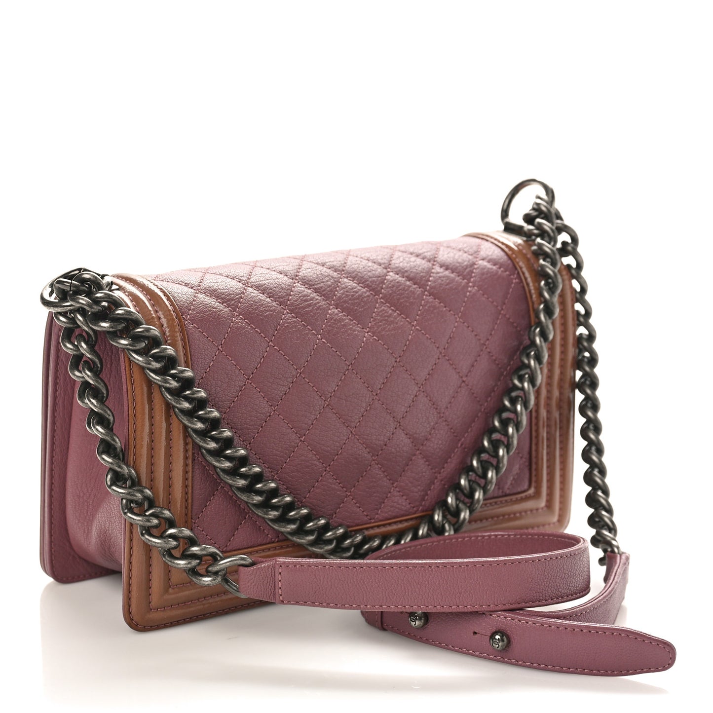 Goatskin Quilted Patent Medium Duo Boy Flap Pink Tan