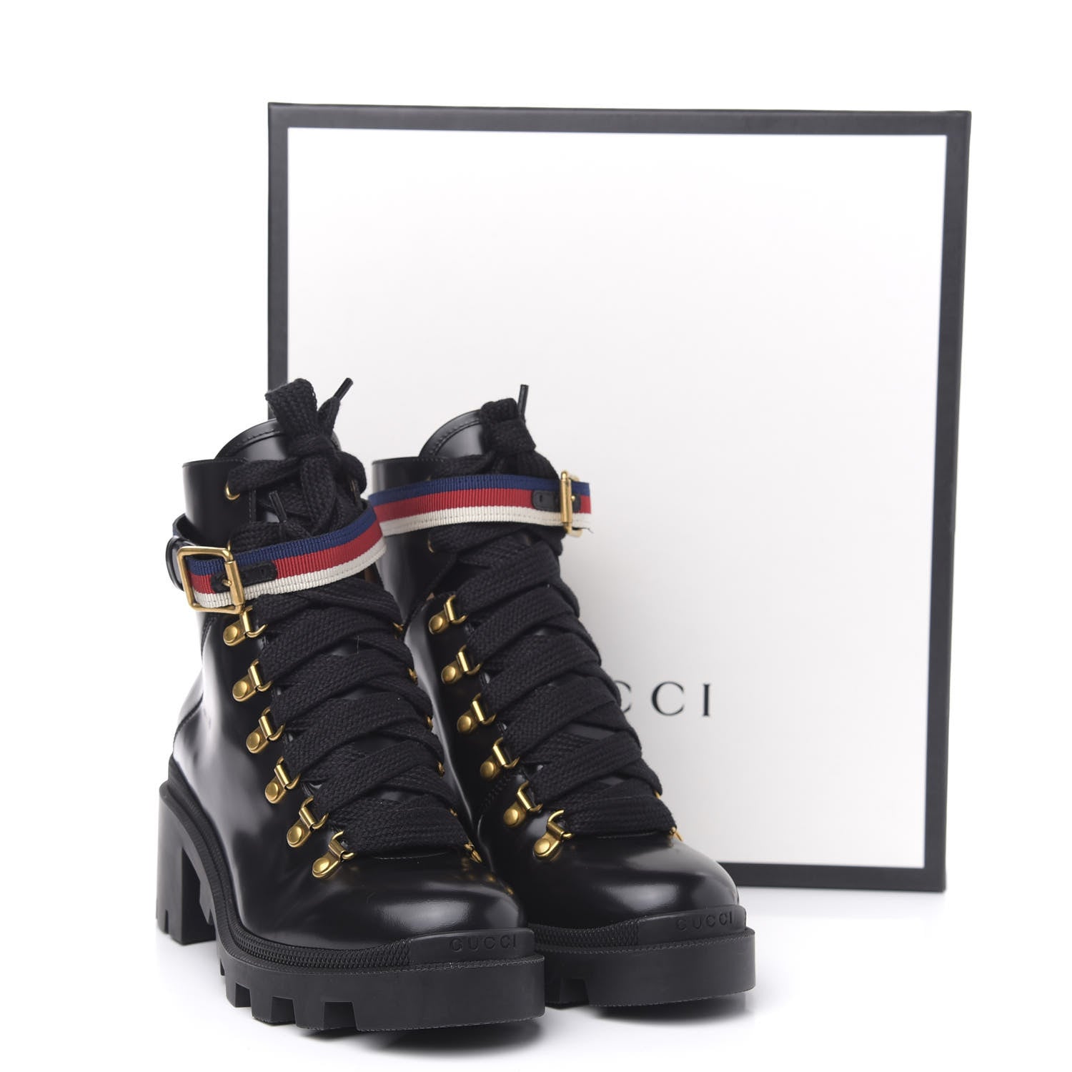 Gucci Calfskin Sylvie Web Womens Lace Up Combat Boots 38 Black 8 of 8