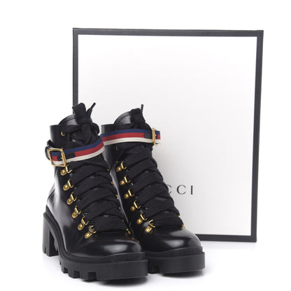 Gucci Calfskin Sylvie Web Womens Lace Up Combat Boots 38 Black 8 of 8