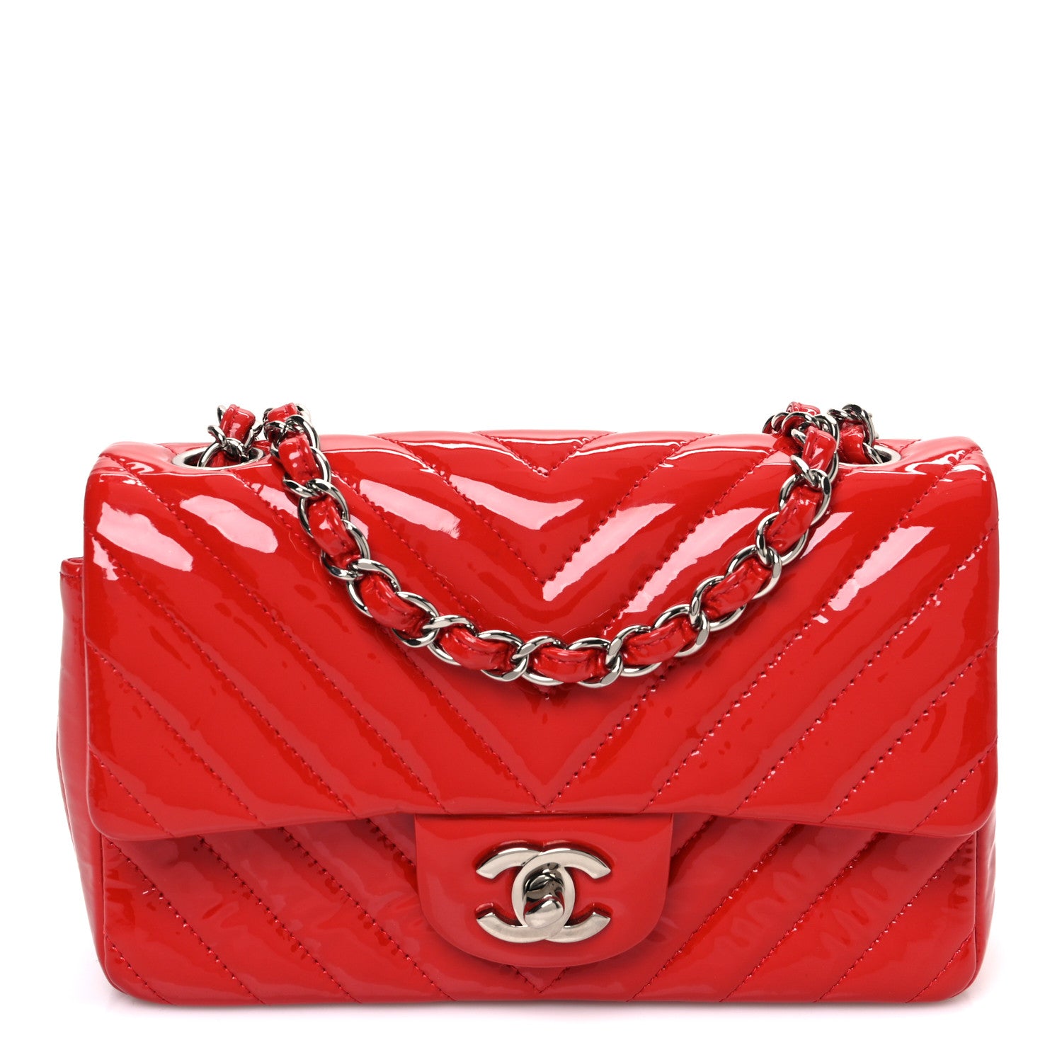 Chanel Patent Calfskin Chevron Quilted Mini Rectangular Flap Red 1 of 13