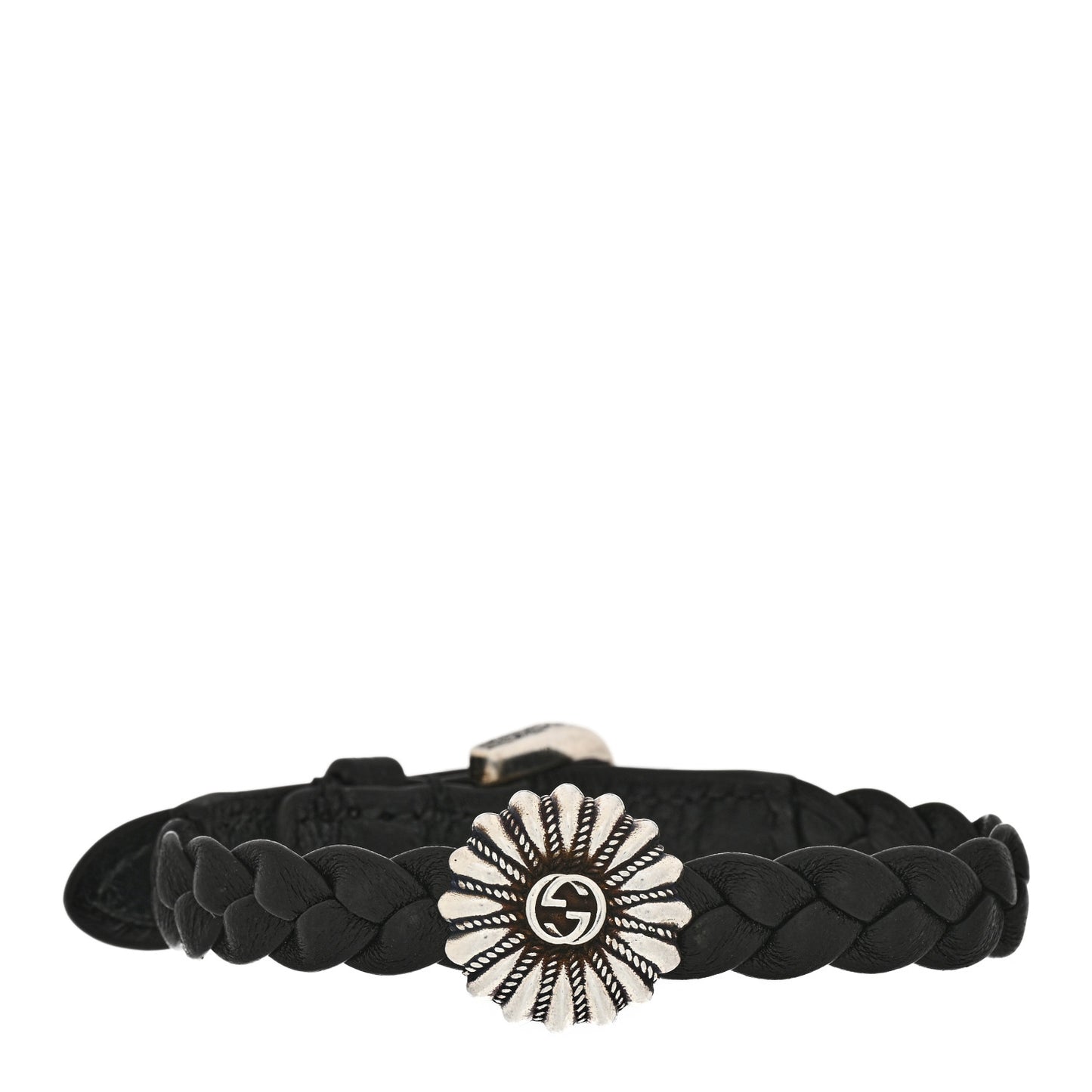 Sterling Silver Leather Interlocking G Woven Bracelet Black