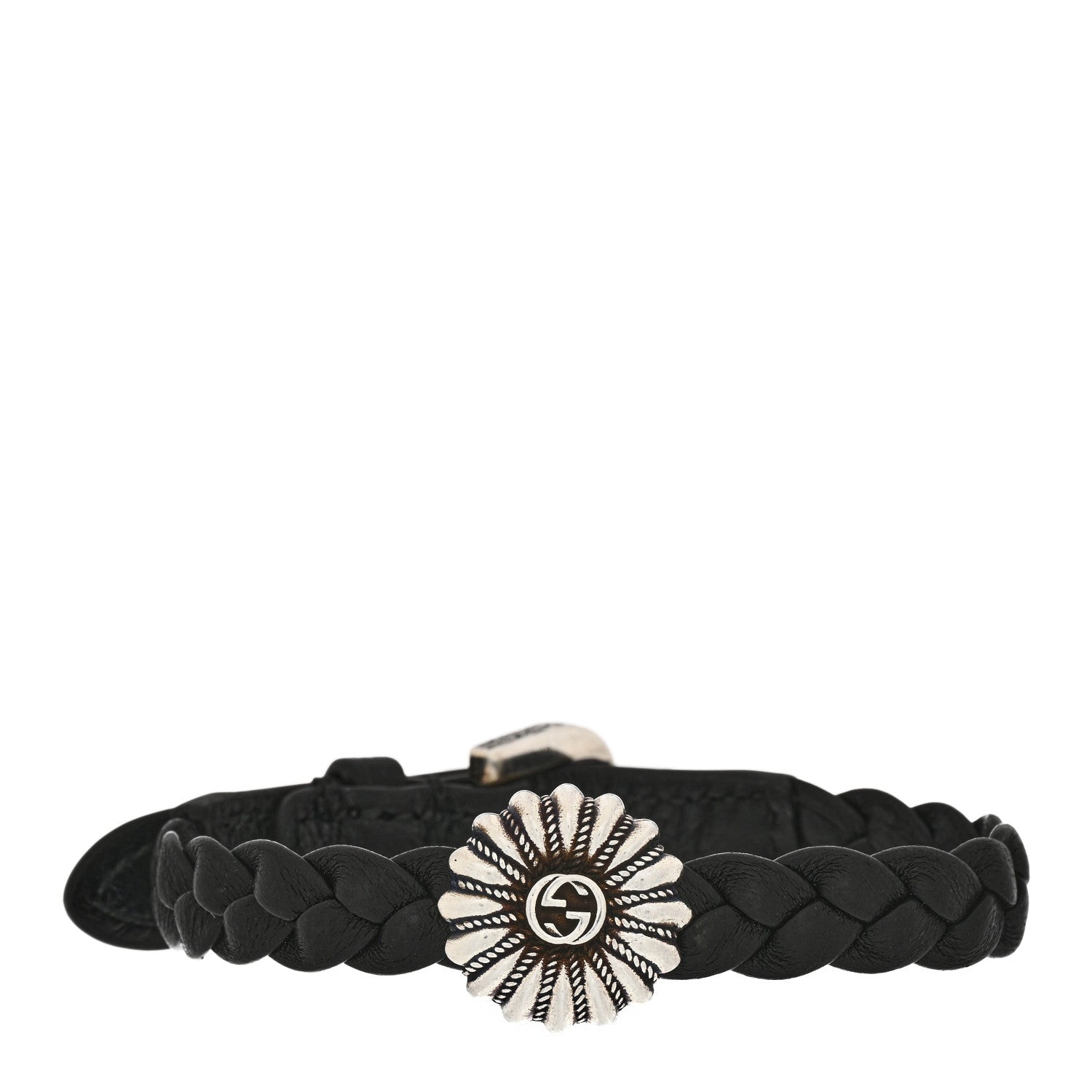 Gucci Sterling Silver Leather Interlocking G Woven Bracelet Black 1 of 5