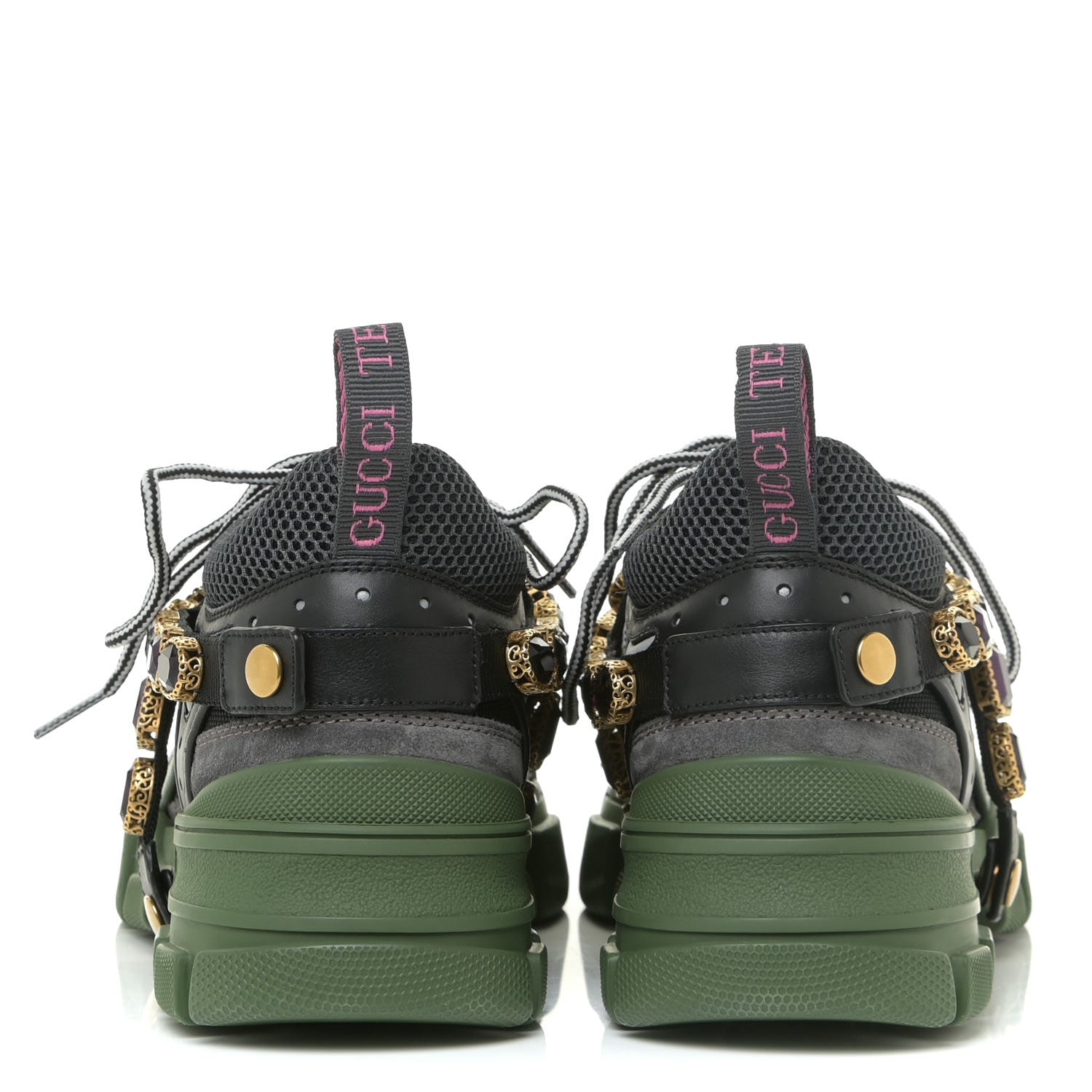 Gucci X SEGA Mesh Suede Calfskin Removable Crystals Mens Flashtrek Sneakers 7 Loess Black Olive Green 4 of 14