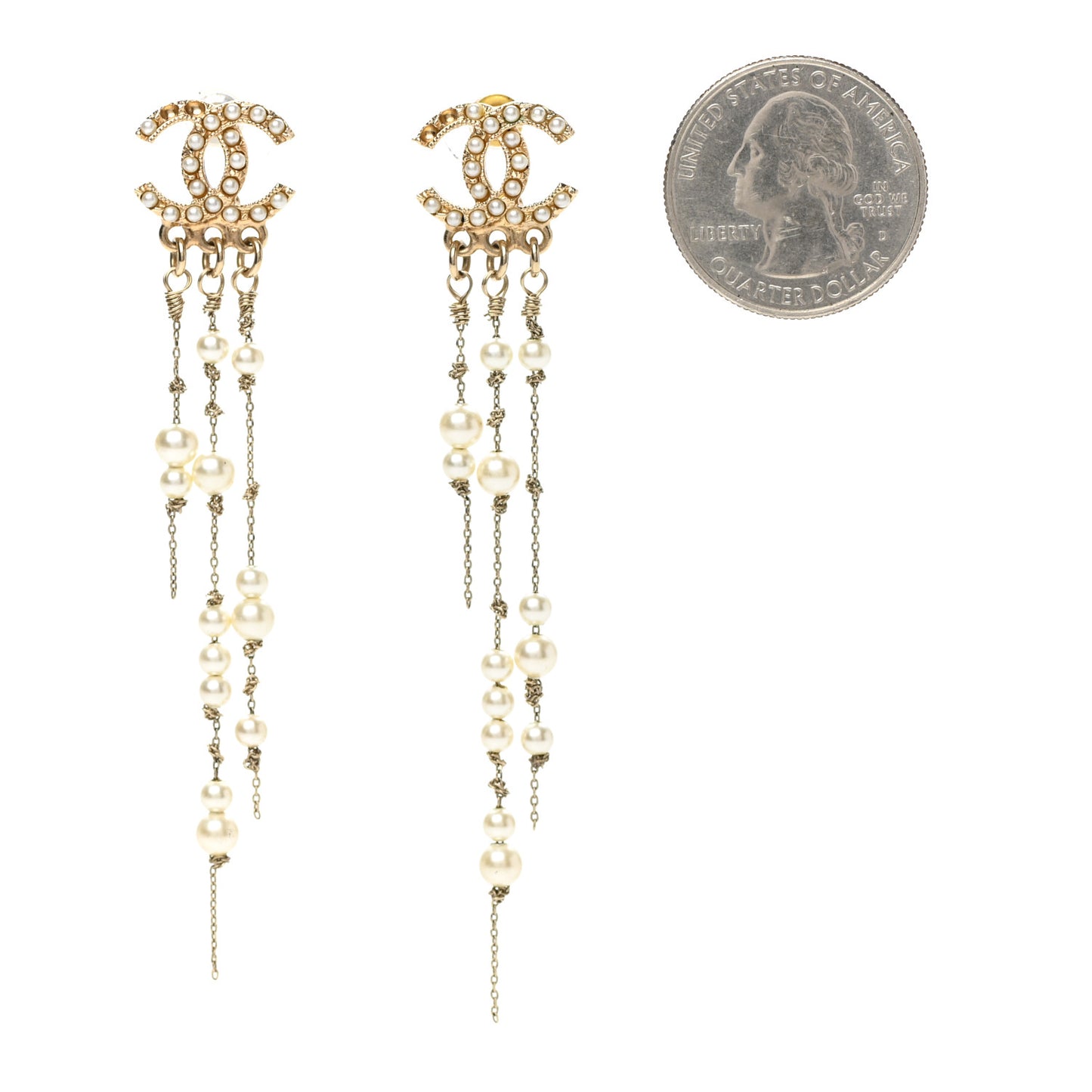 Pearl CC Long Chain Drop Earrings Gold