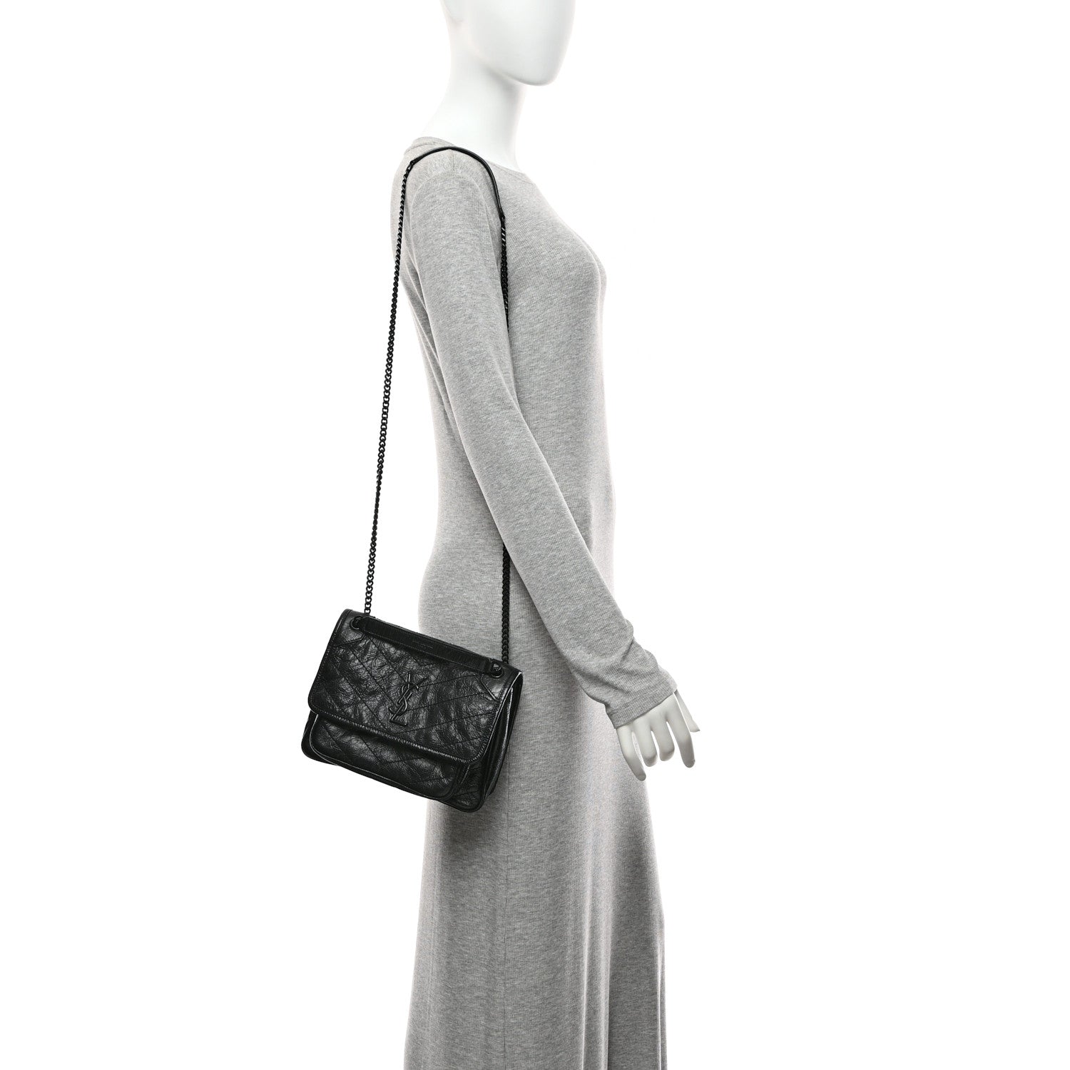 Saint Laurent Crinkled Calfskin Matelasse Monogram Baby Niki Chain Satchel Black 2 of 10