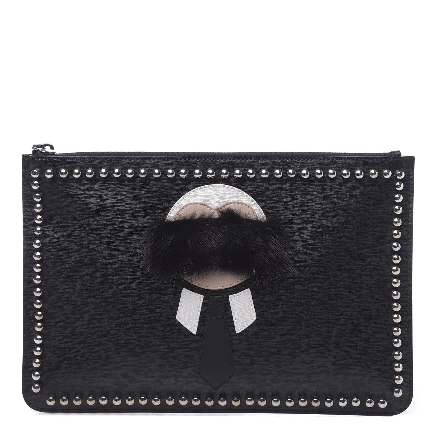 Fendi Vitello Elite Flamingo Mink Karlito Studded Pouch Black White Plaster 1 of 8