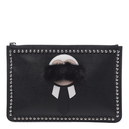 Fendi Vitello Elite Flamingo Mink Karlito Studded Pouch Black White Plaster 1 of 8