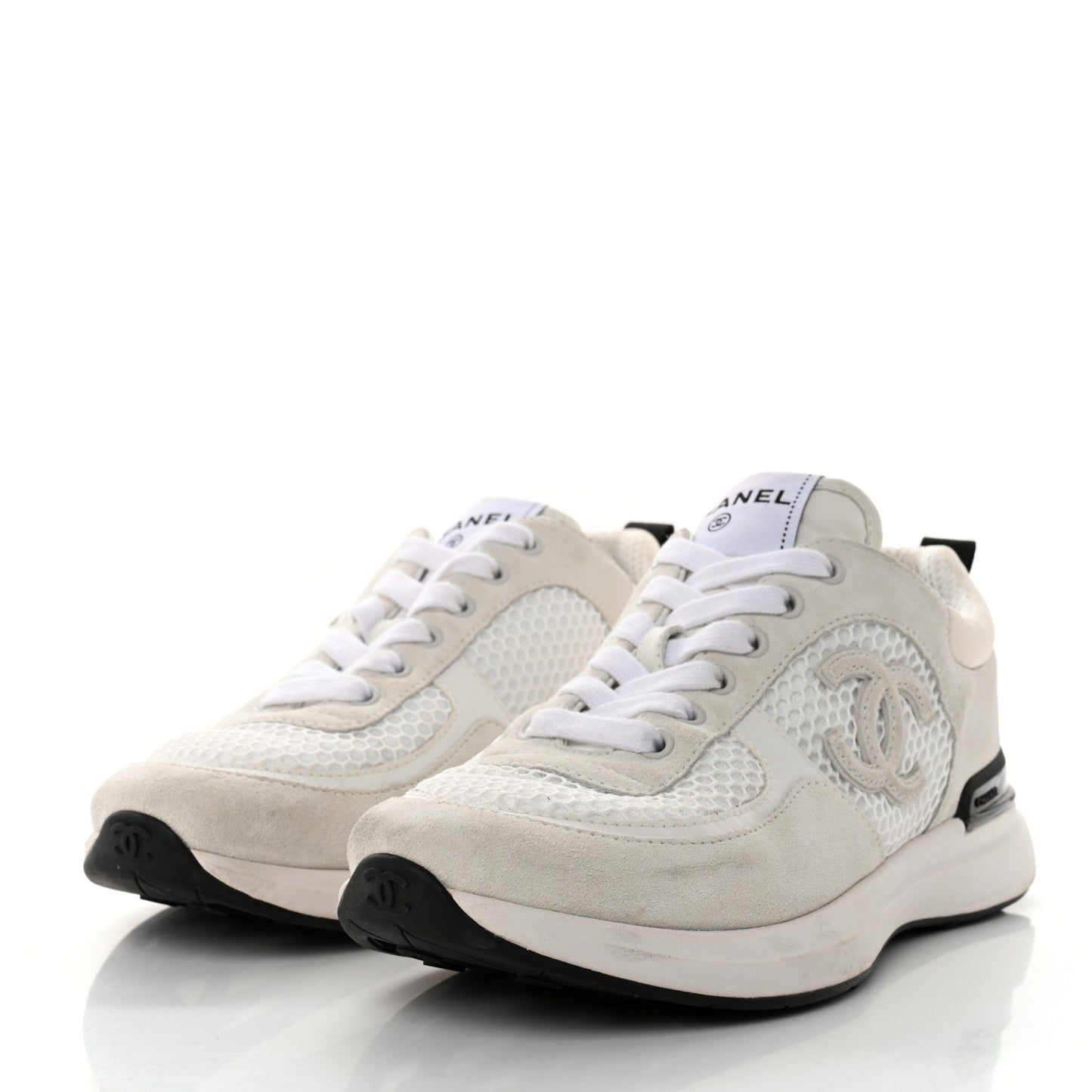 Calfskin Mesh Lycra Suede Womens Logo Sneakers 37.5 White