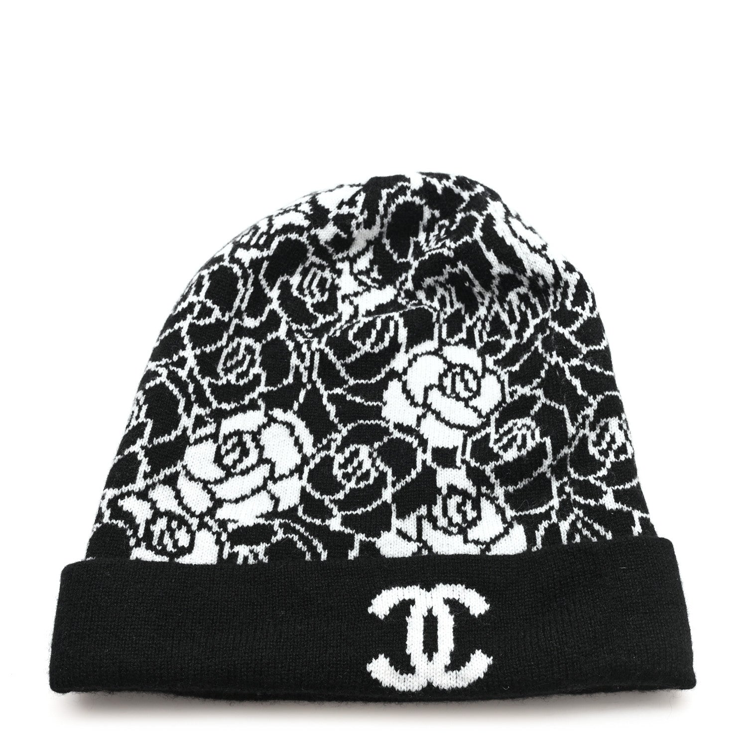 Chanel Cashmere CC Camellia Beanie Hat Black White 1 of 5
