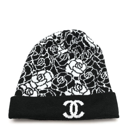 Chanel Cashmere CC Camellia Beanie Hat Black White 1 of 5