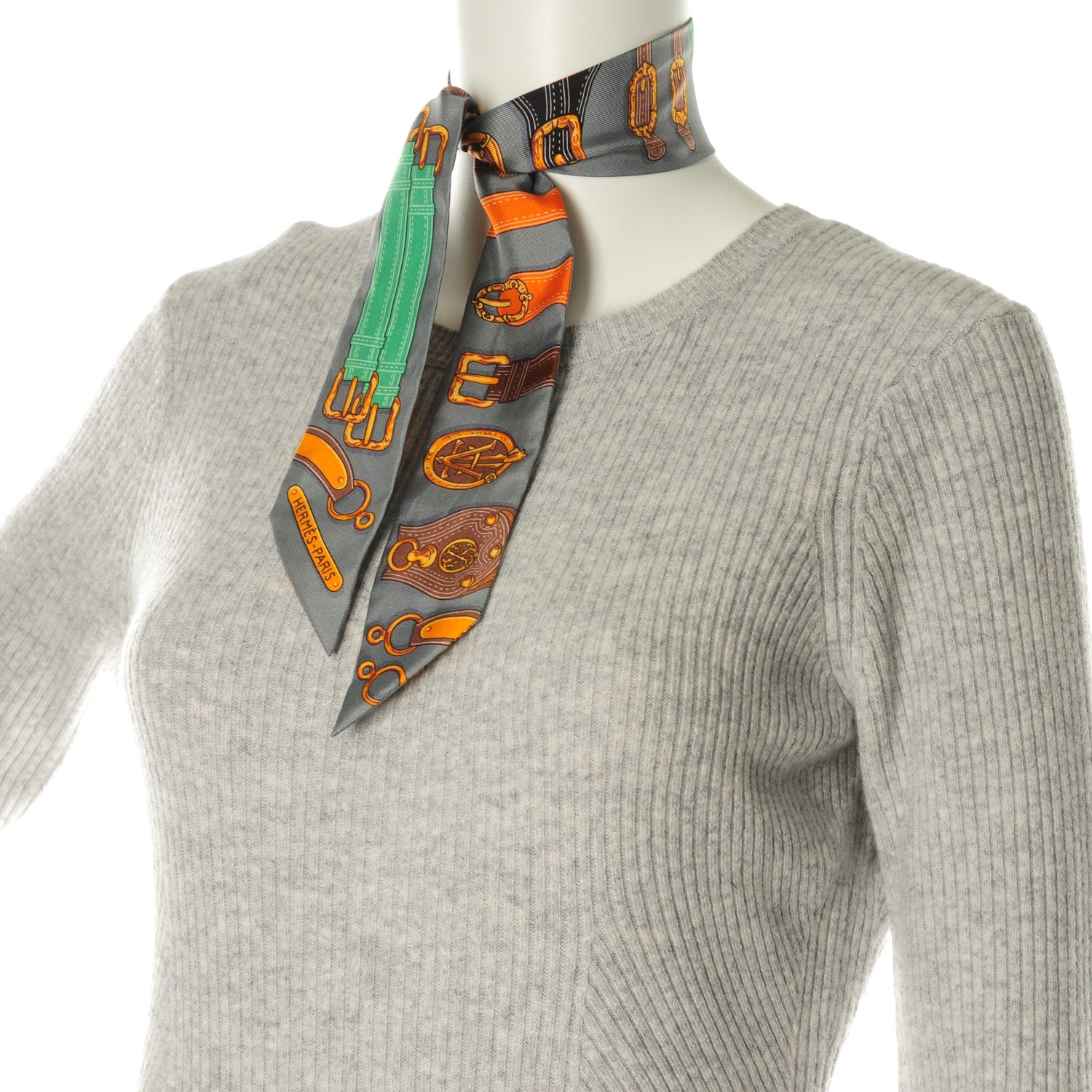 Hermes Silk Harnais Des Presidents Twilly Gris Orange Vert 2 of 5