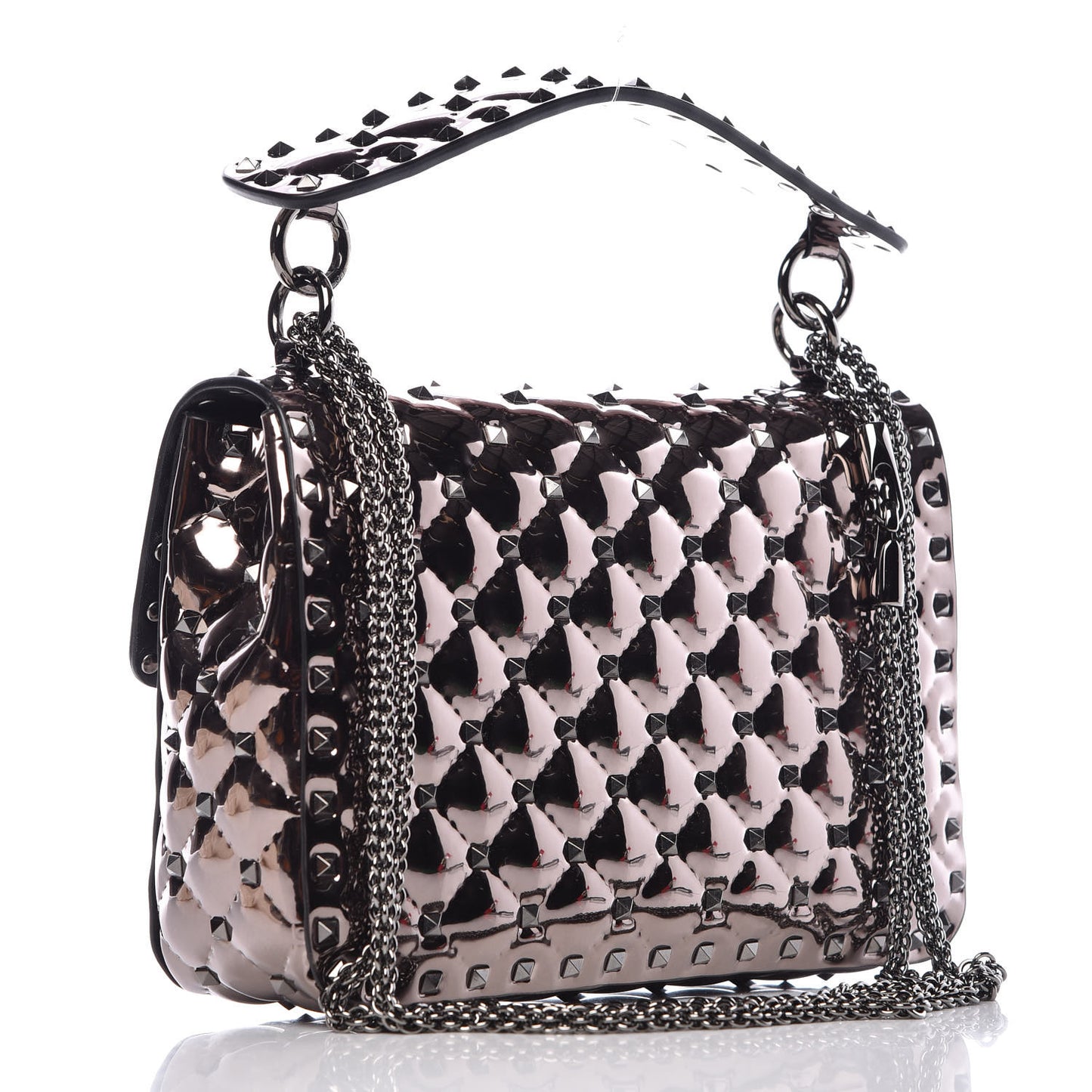 Metallic Patent Medium Rockstud Spike Shoulder Bag Rutenio