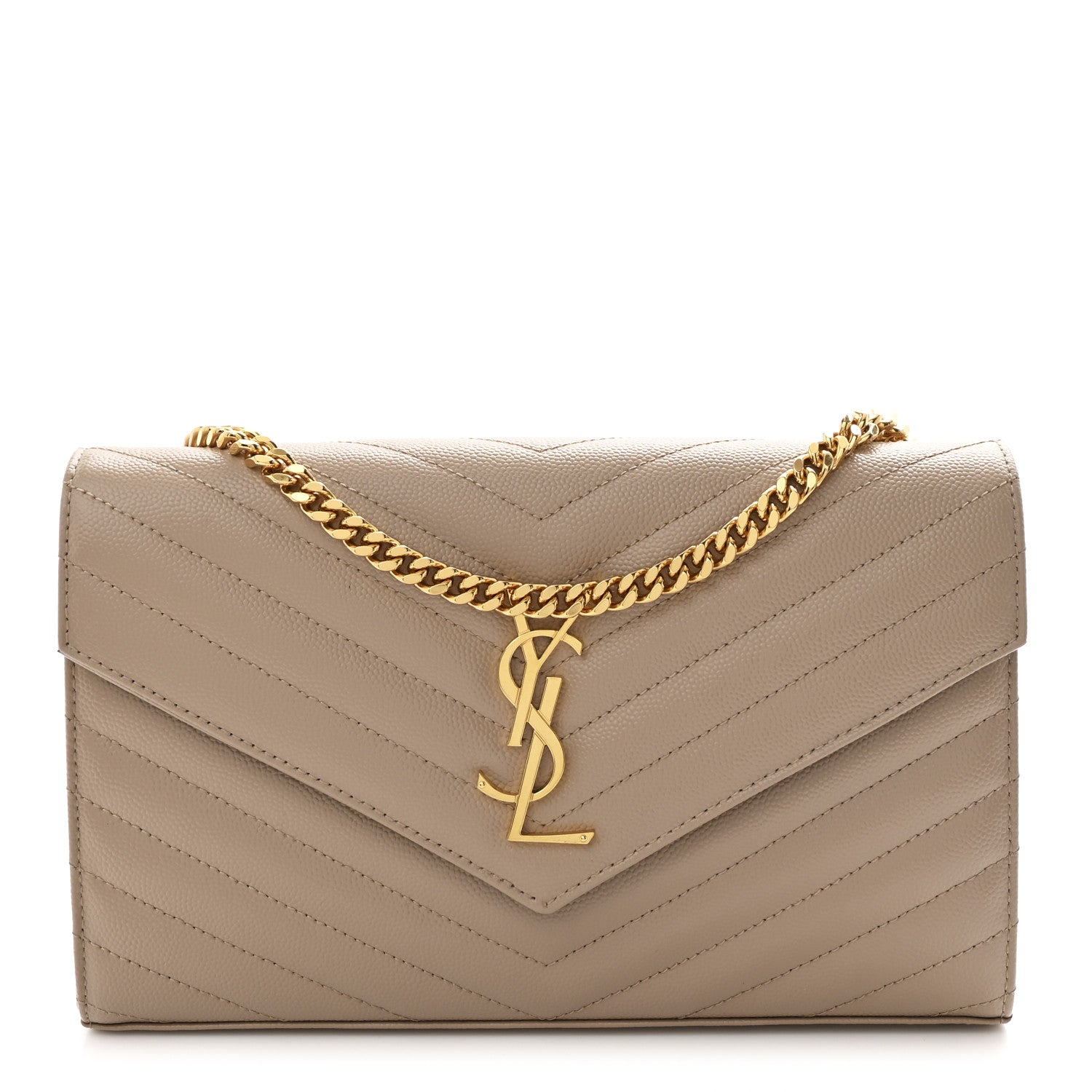 Saint Laurent Grain De Poudre Matelasse Chevron Monogram Chain Wallet Dark Beige 1 of 11