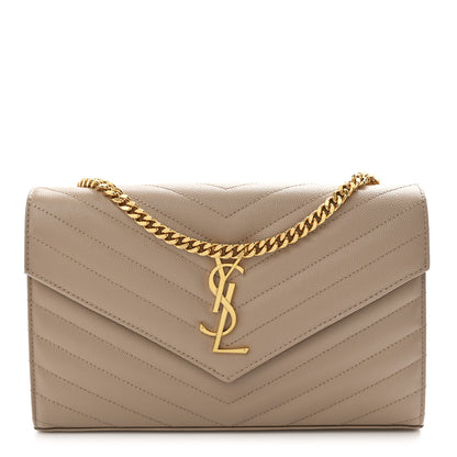 Saint Laurent Grain De Poudre Matelasse Chevron Monogram Chain Wallet Dark Beige 1 of 11