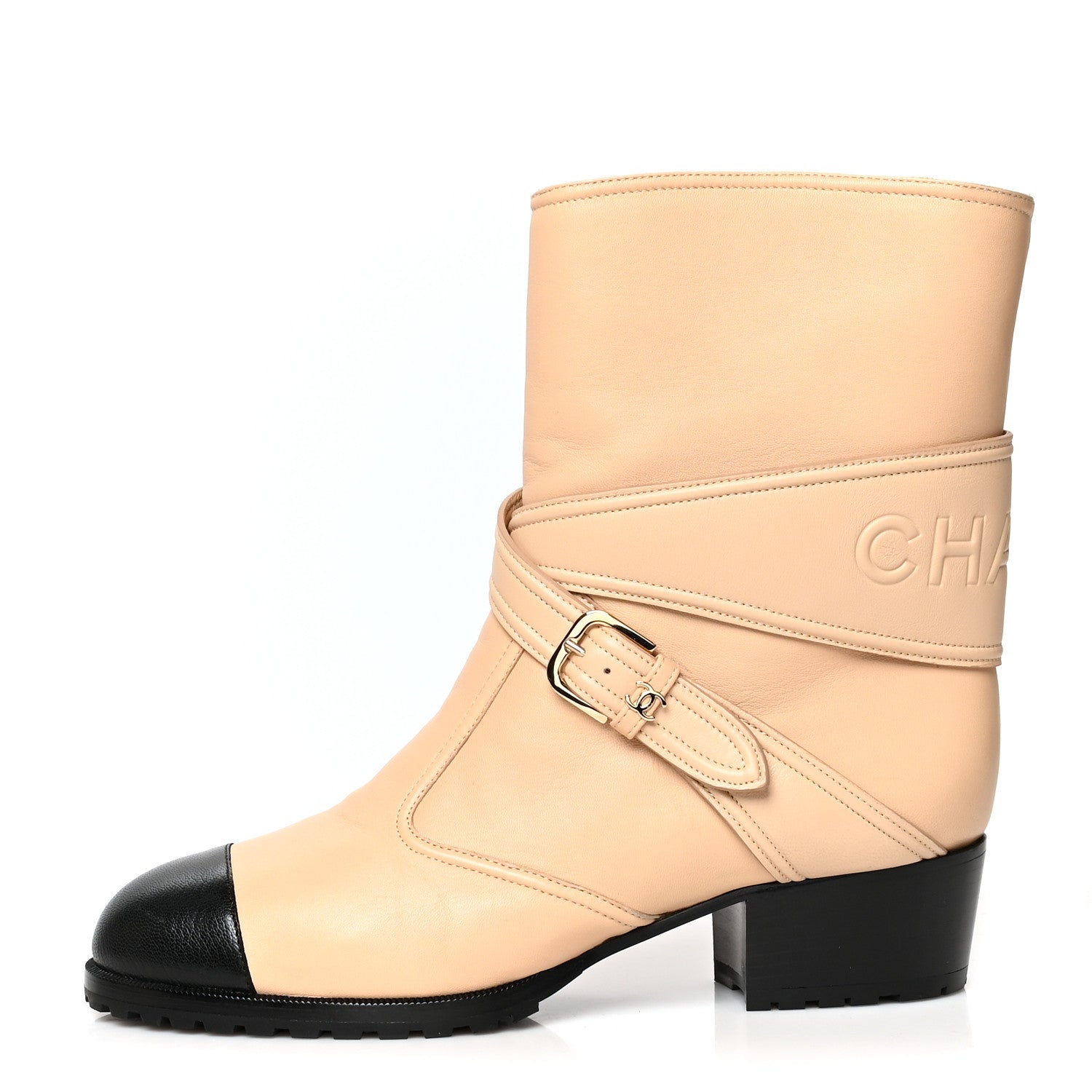 Chanel Lambskin Logo Cap Toe Short Boots 37.5 Beige Black 1 of 8