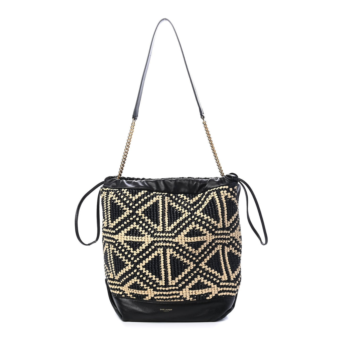 Folk Raffia Calfskin Teddy Drawstring Bag Natural Black